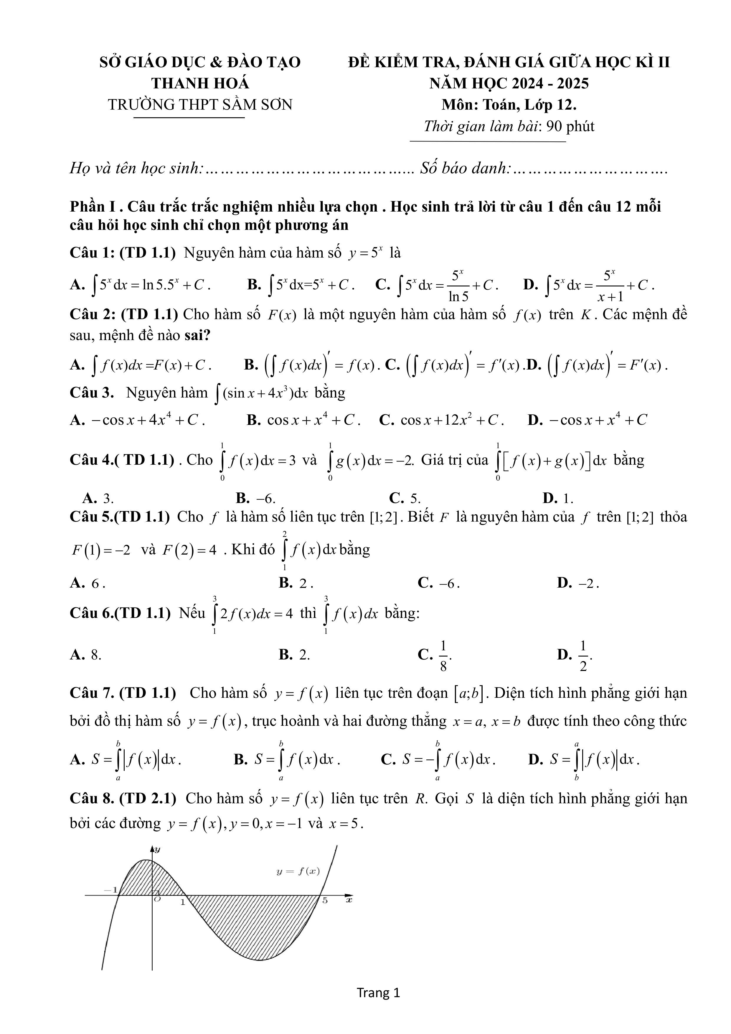 Đề thi Giữa kì 2 Toán 12 trường THPT Sầm Sơn (Thanh Hóa) năm 2024–2025