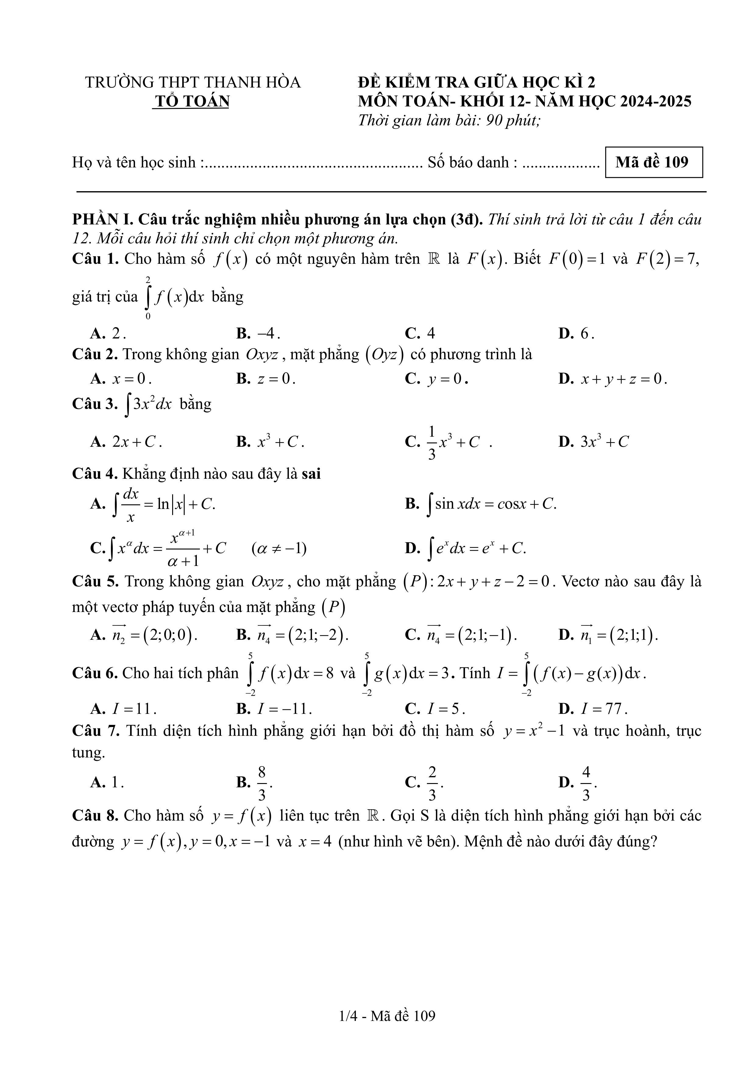 Đề thi Giữa kì 2 Toán 12 trường THPT Thanh Hòa (Bình Phước) năm 2024–2025