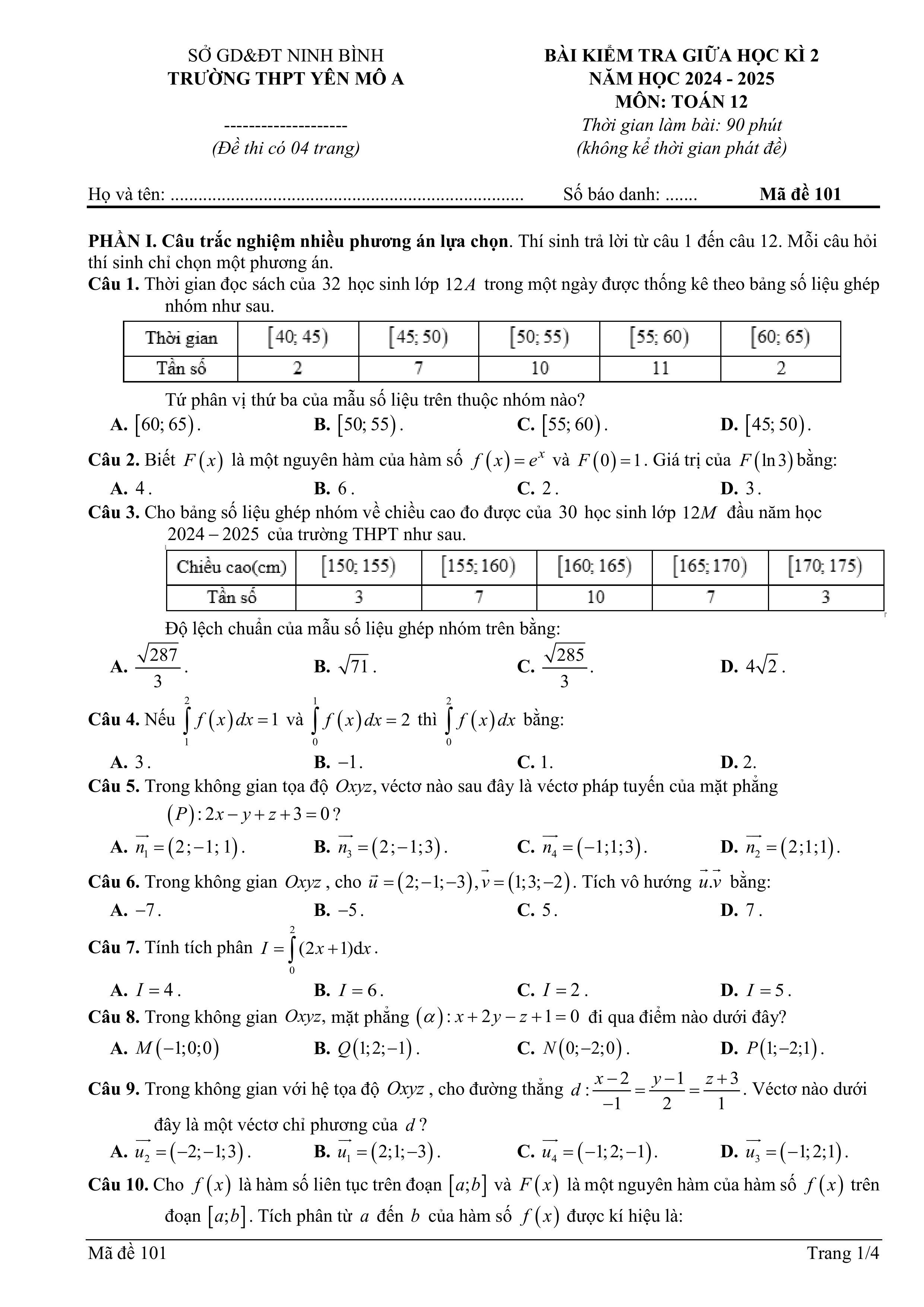 Đề thi Giữa kì 2 Toán 12 trường THPT Yên Mô A (Ninh Bình) năm 2024–2025