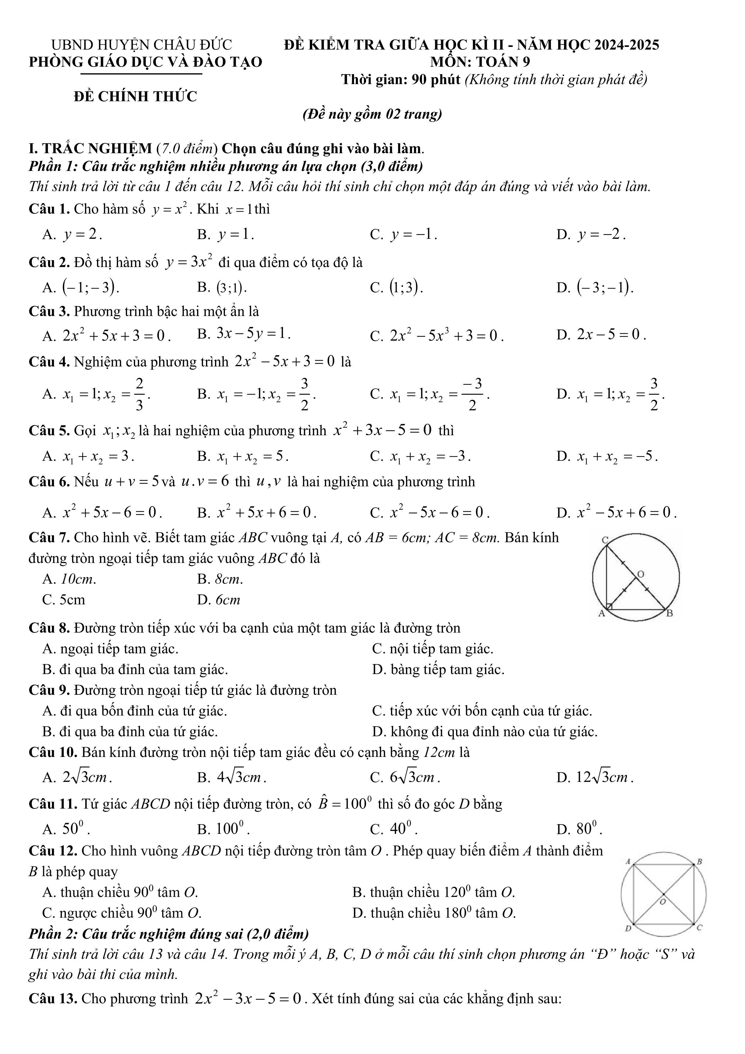 Đề thi Giữa kì 2 Toán 9 phòng GD&ĐT Châu Đức (Bà Rịa - Vũng Tàu) năm 2024–2025