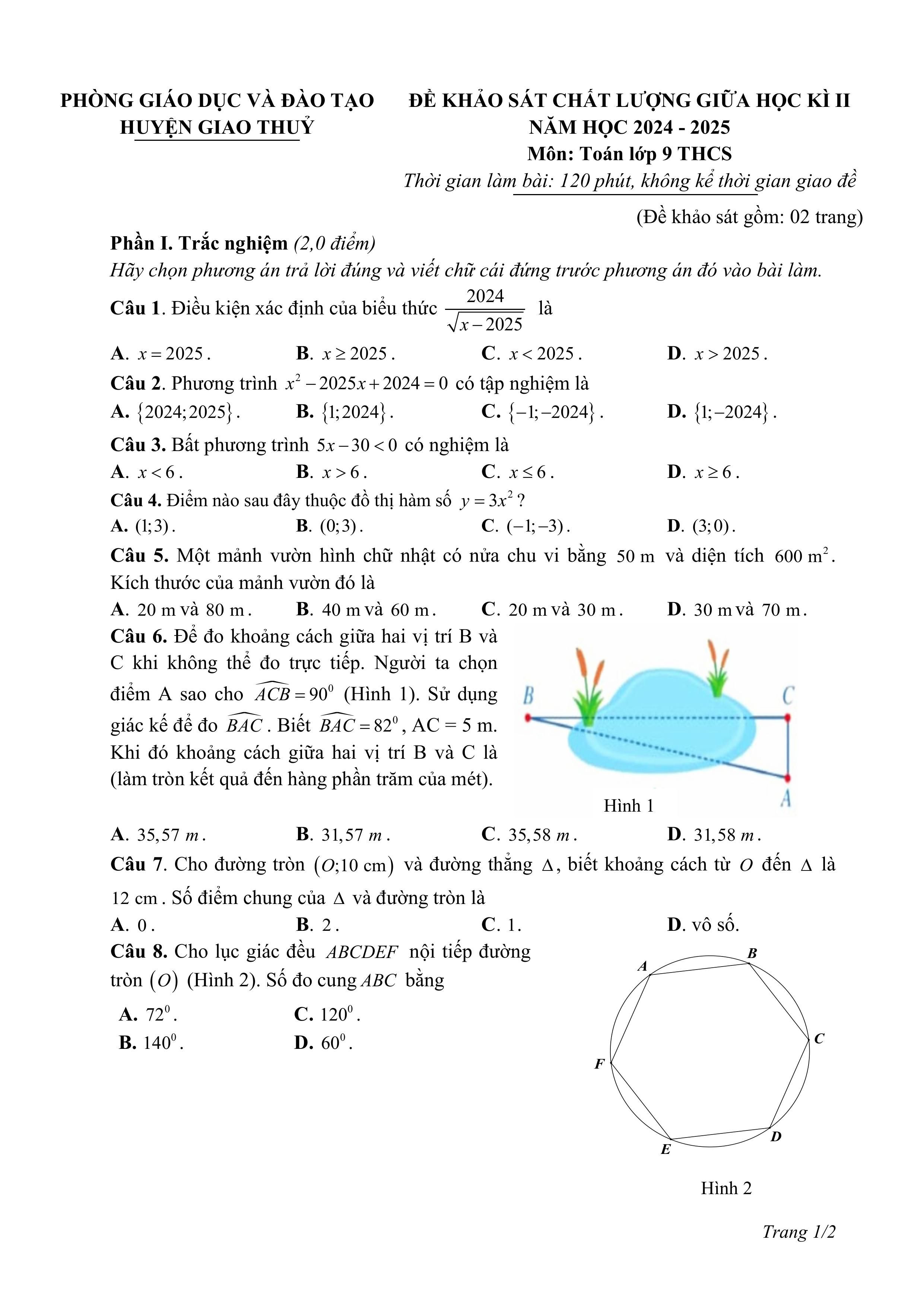Đề thi Giữa kì 2 Toán 9 phòng GD&ĐT Giao Thủy (Nam Định) năm 2024–2025