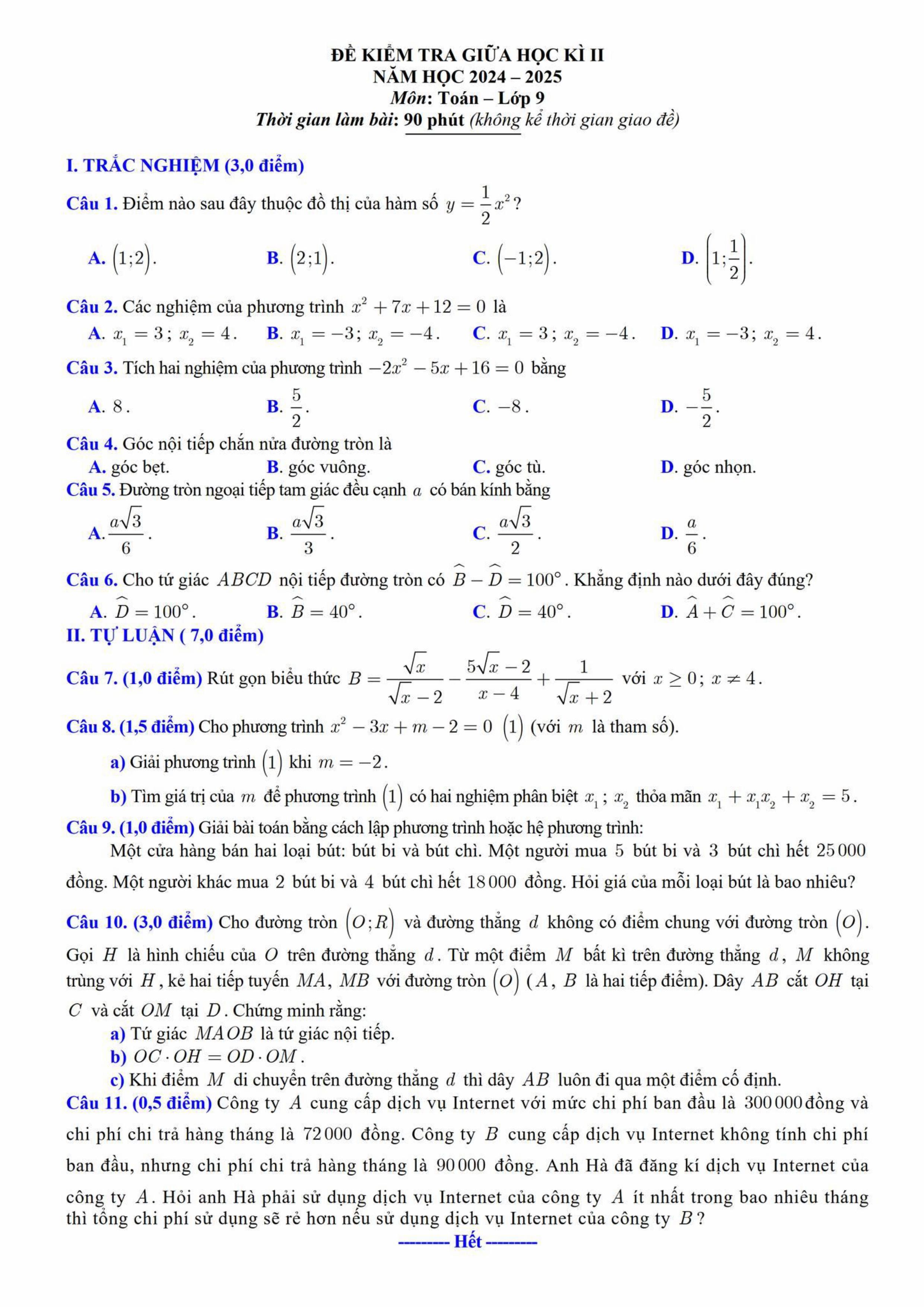 Đề thi Giữa kì 2 Toán 9 phòng GD&ĐT Lương Tài (Bắc Ninh) năm 2024–2025