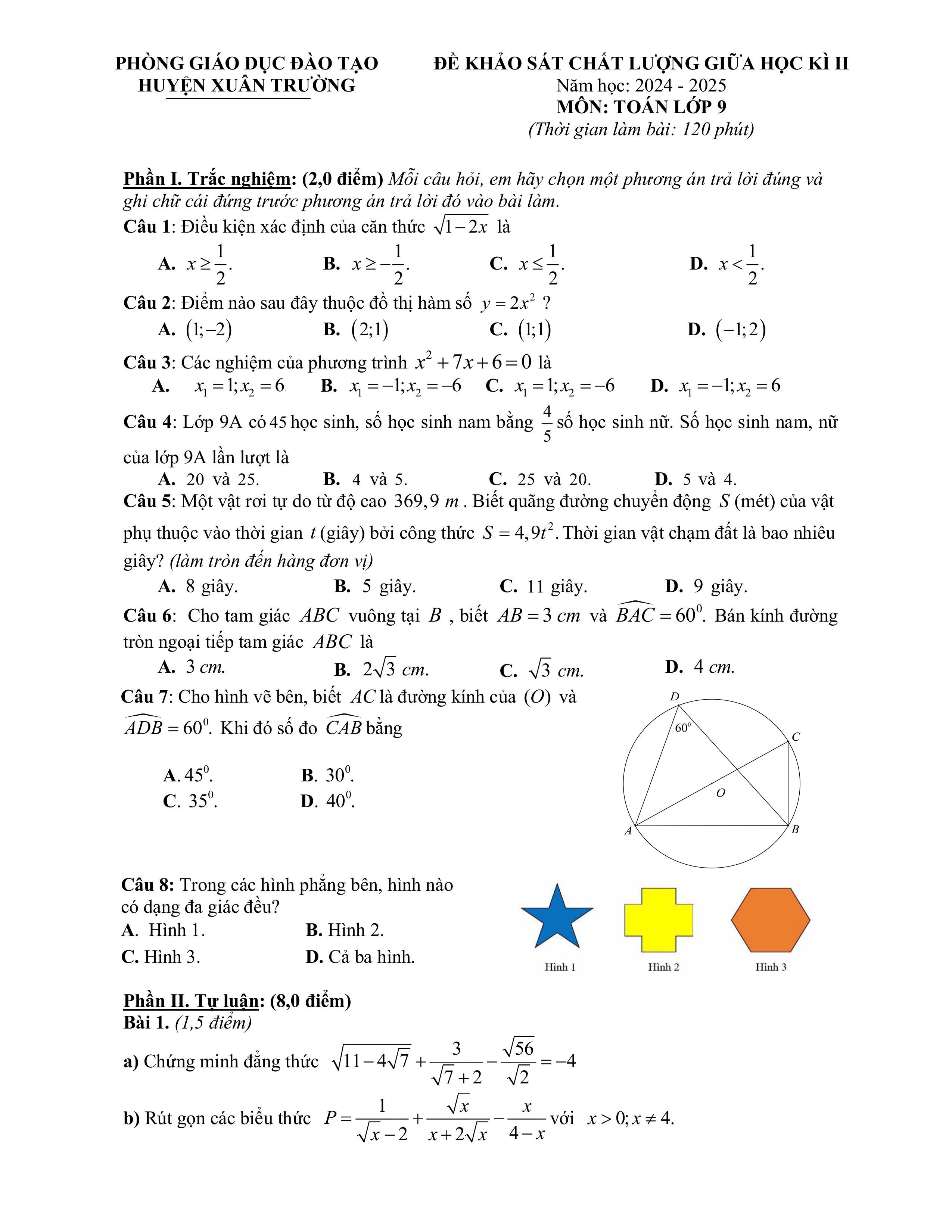 Đề thi Giữa kì 2 Toán 9 phòng GD&ĐT Xuân Trường (Nam Định) năm 2024–2025