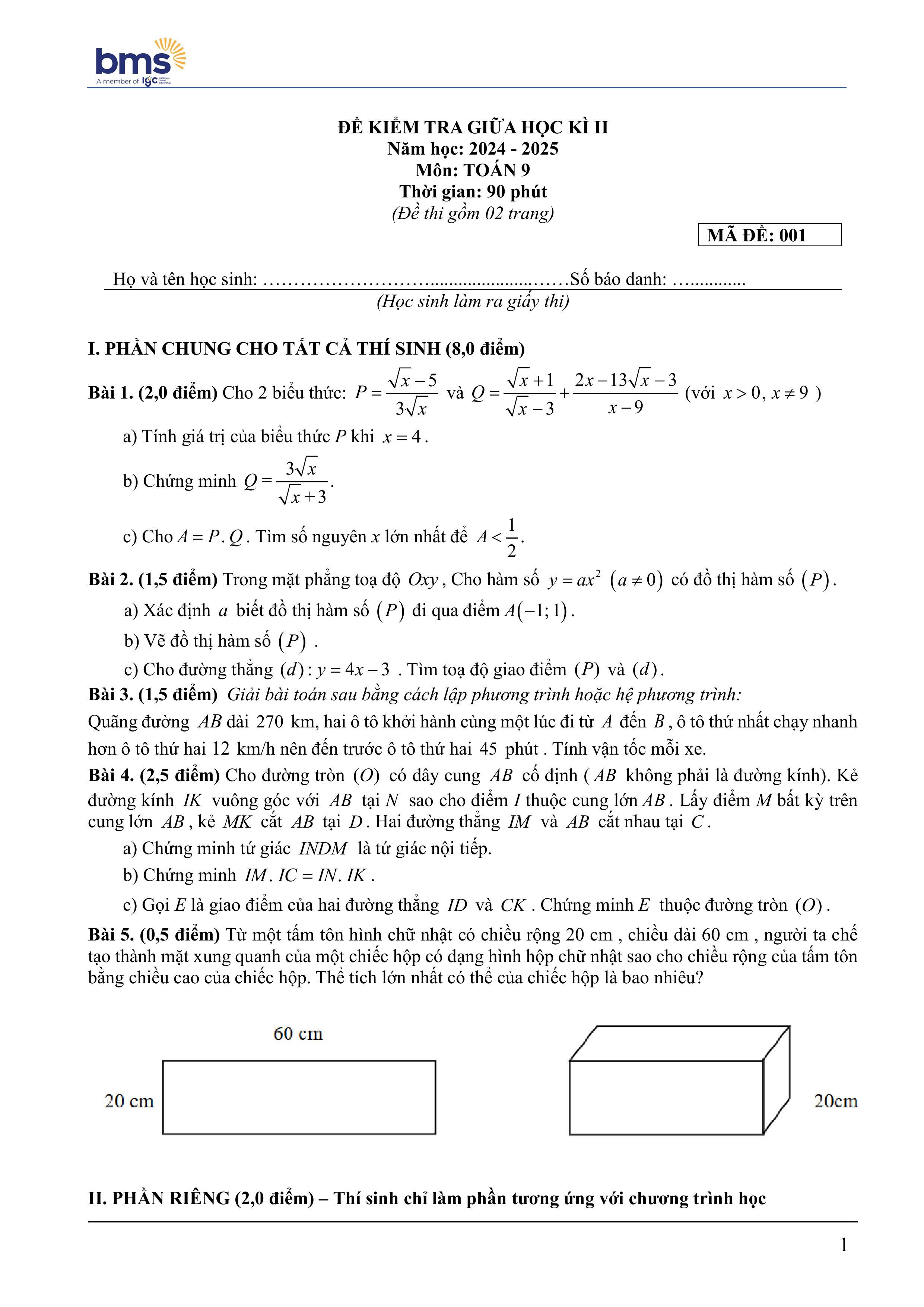 Đề thi Giữa kì 2 Toán 9 trường THCS Ban Mai School (Hà Nội) năm 2024–2025