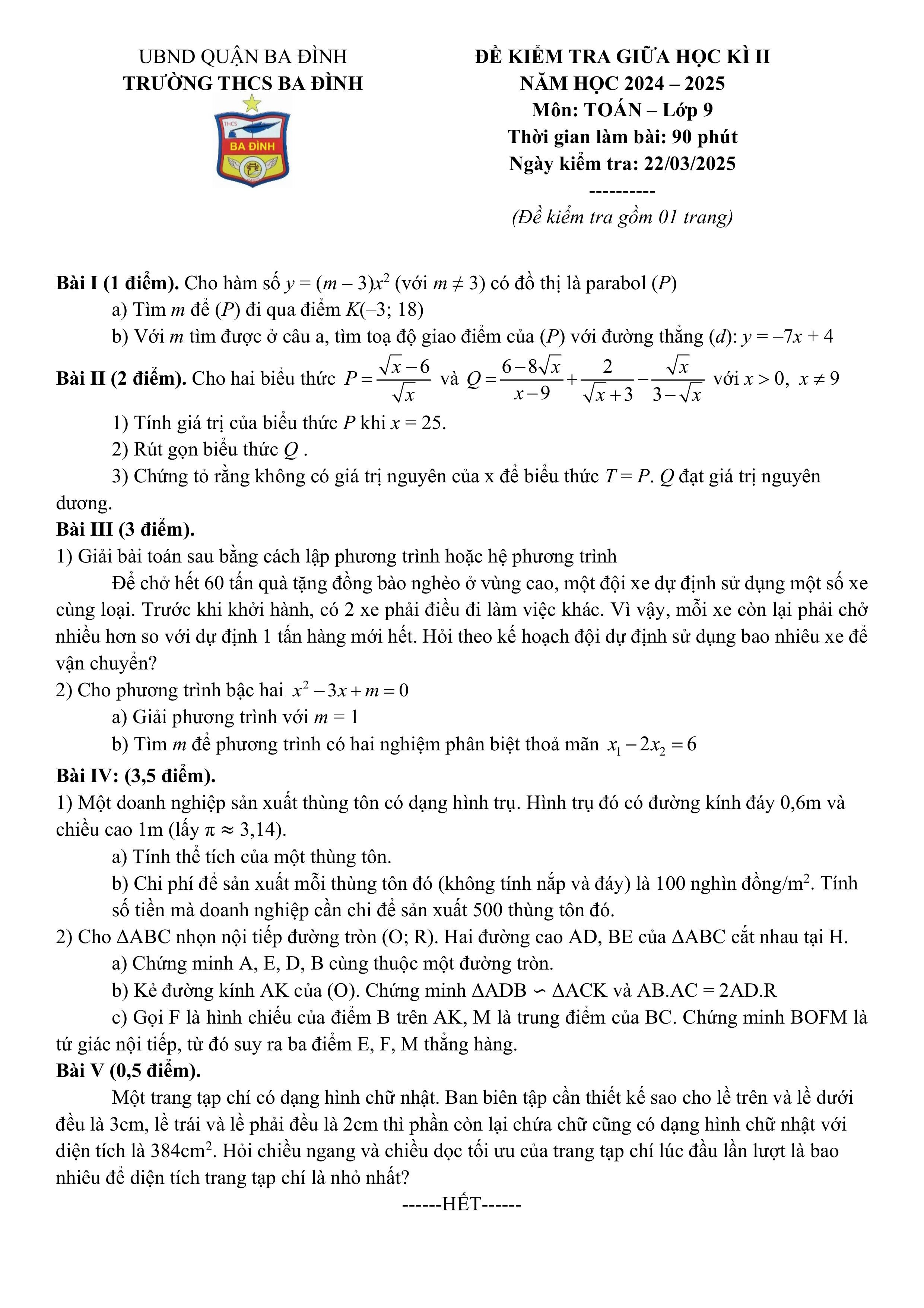 Đề thi Giữa kì 2 Toán 9 trường THCS Ba Đình (Hà Nội) năm 2024–2025