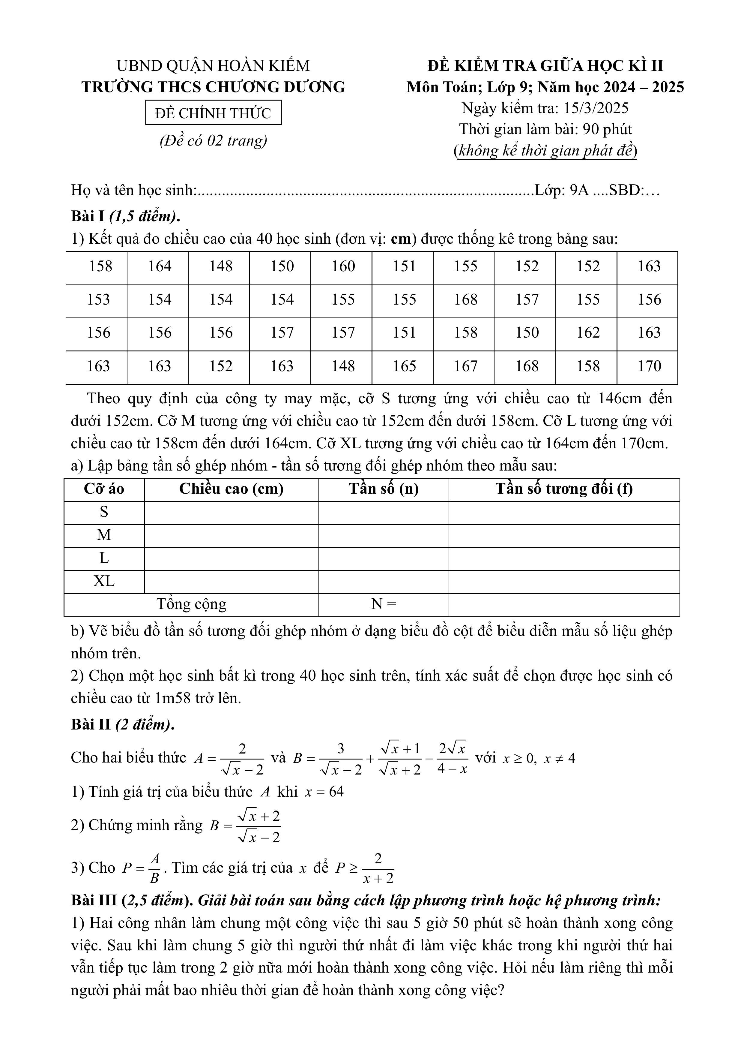 Đề thi Giữa kì 2 Toán 9 trường THCS Chương Dương (Hà Nội) năm 2024–2025