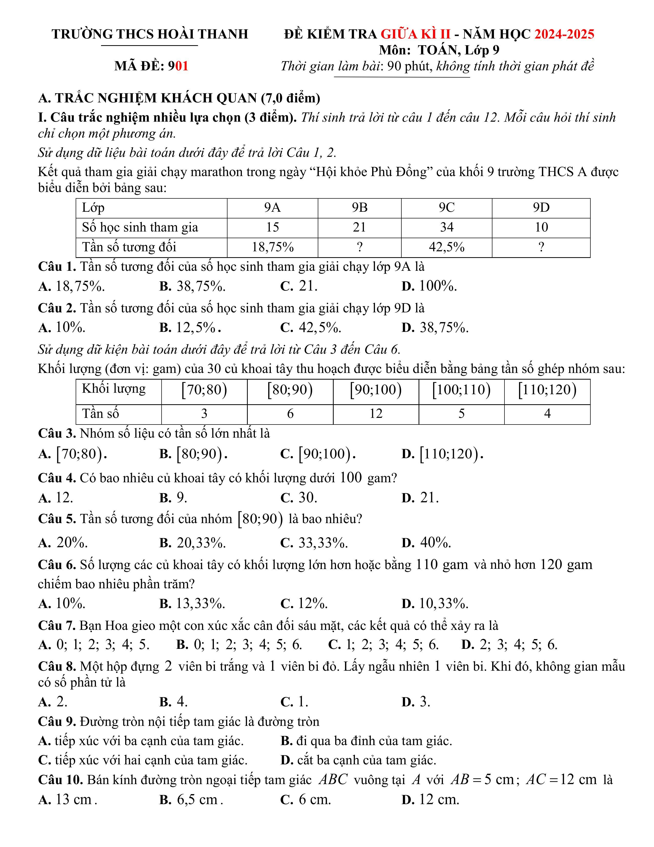 Đề thi Giữa kì 2 Toán 9 trường THCS Hoài Thanh (tỉnh Bình Định) năm 2024–2025