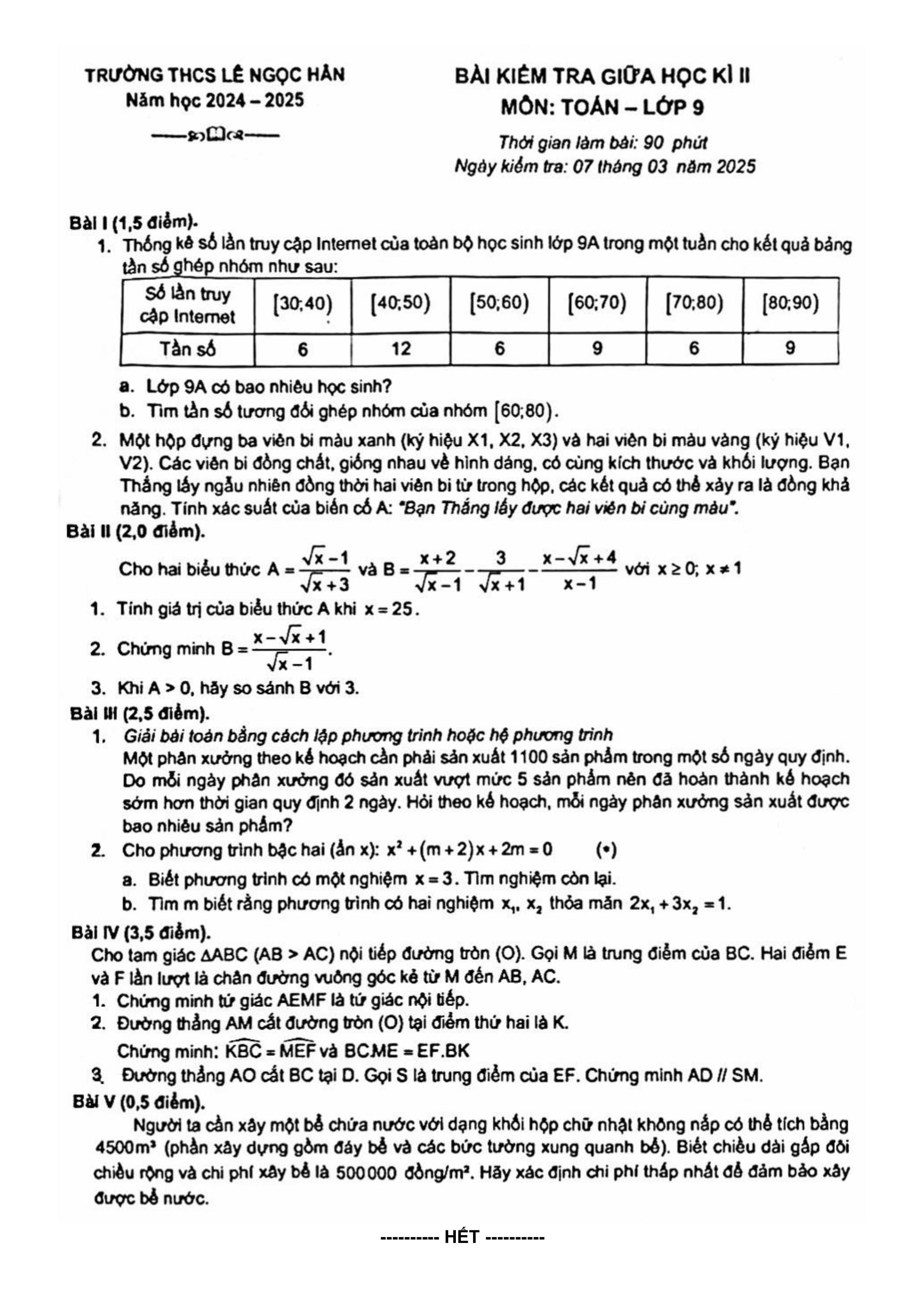 Đề thi Giữa kì 2 Toán 9 trường THCS Lê Ngọc Hân (Hà Nội) năm 2024–2025