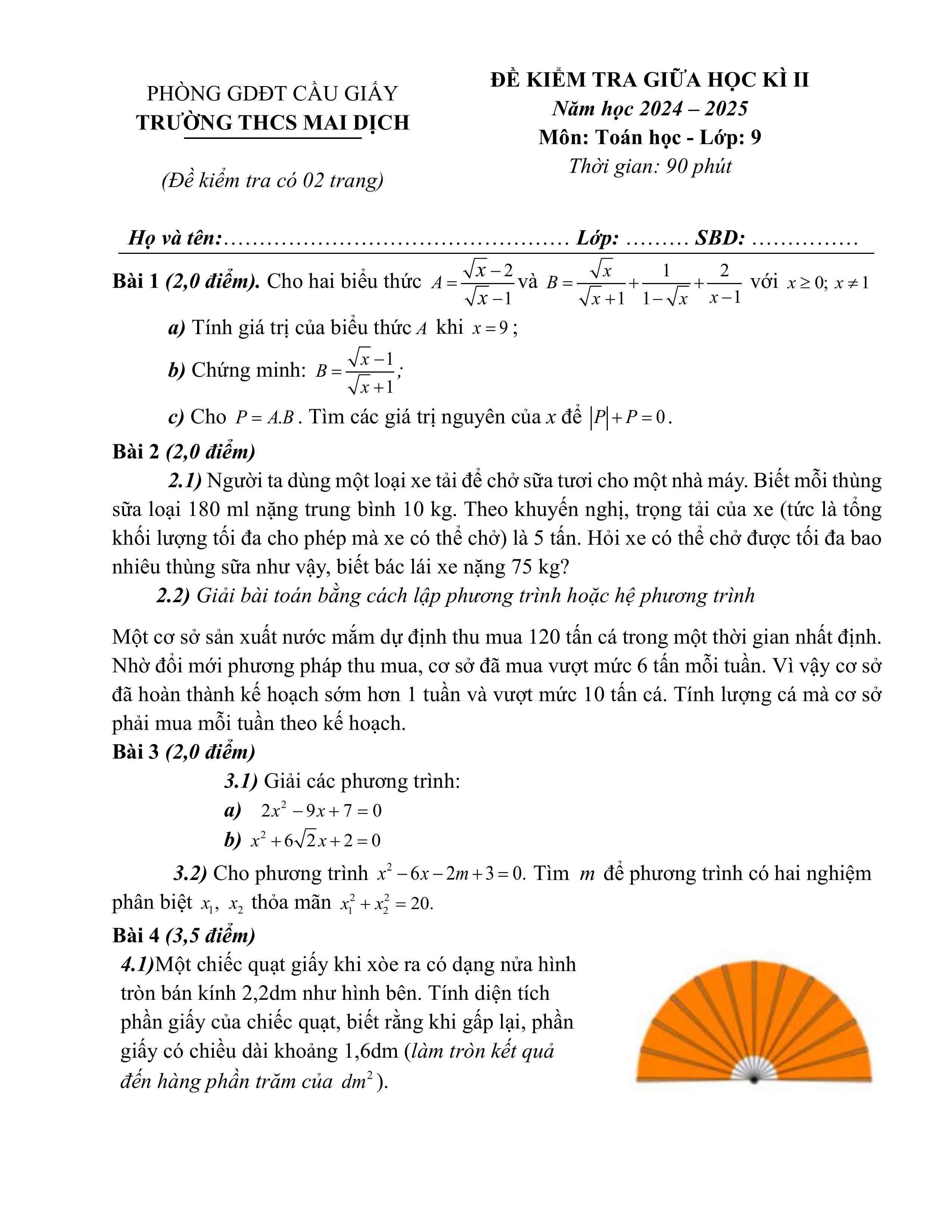 Đề thi Giữa kì 2 Toán 9 trường THCS Mai Dịch (Hà Nội) năm 2024–2025