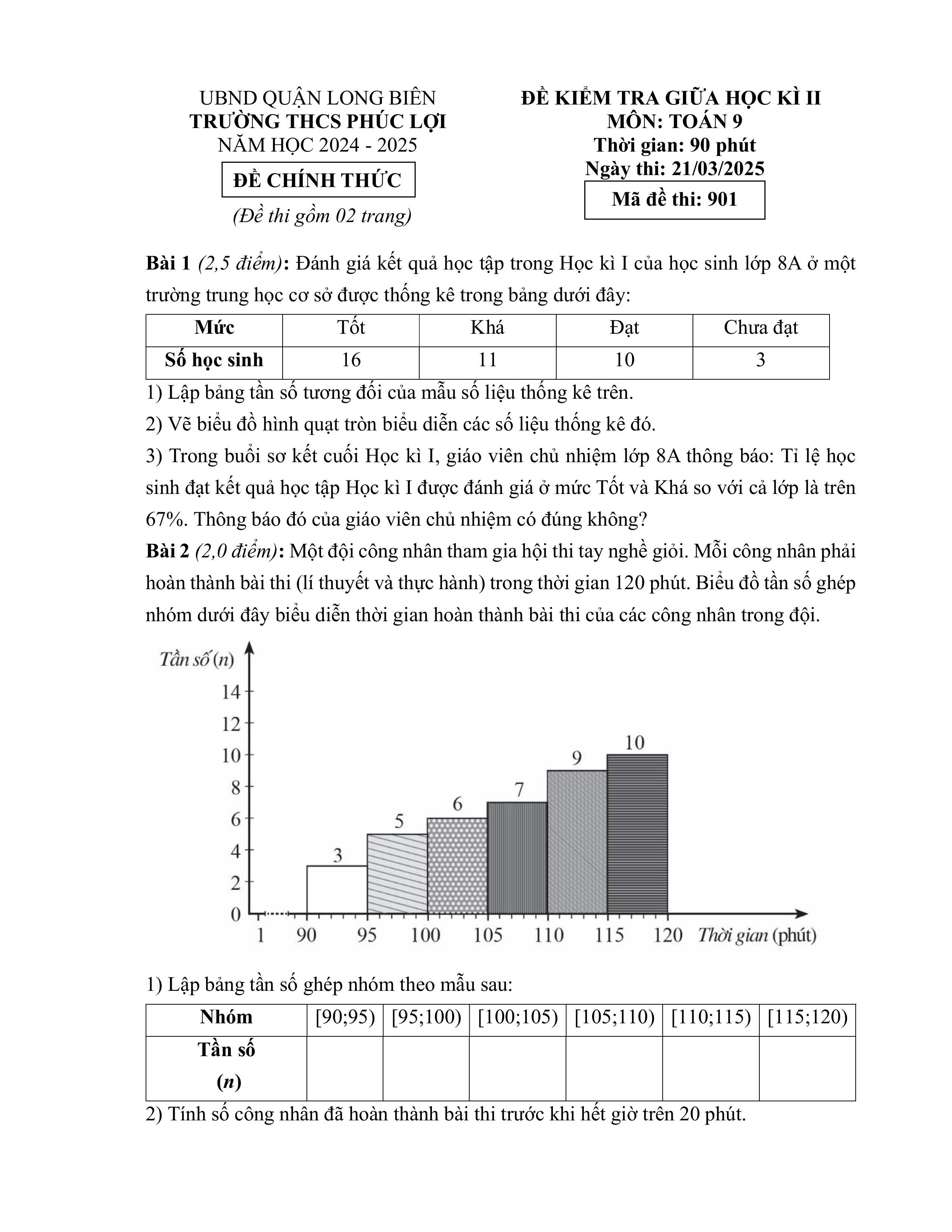 Đề thi Giữa kì 2 Toán 9 trường THCS Phúc Lợi (Hà Nội) năm 2024–2025