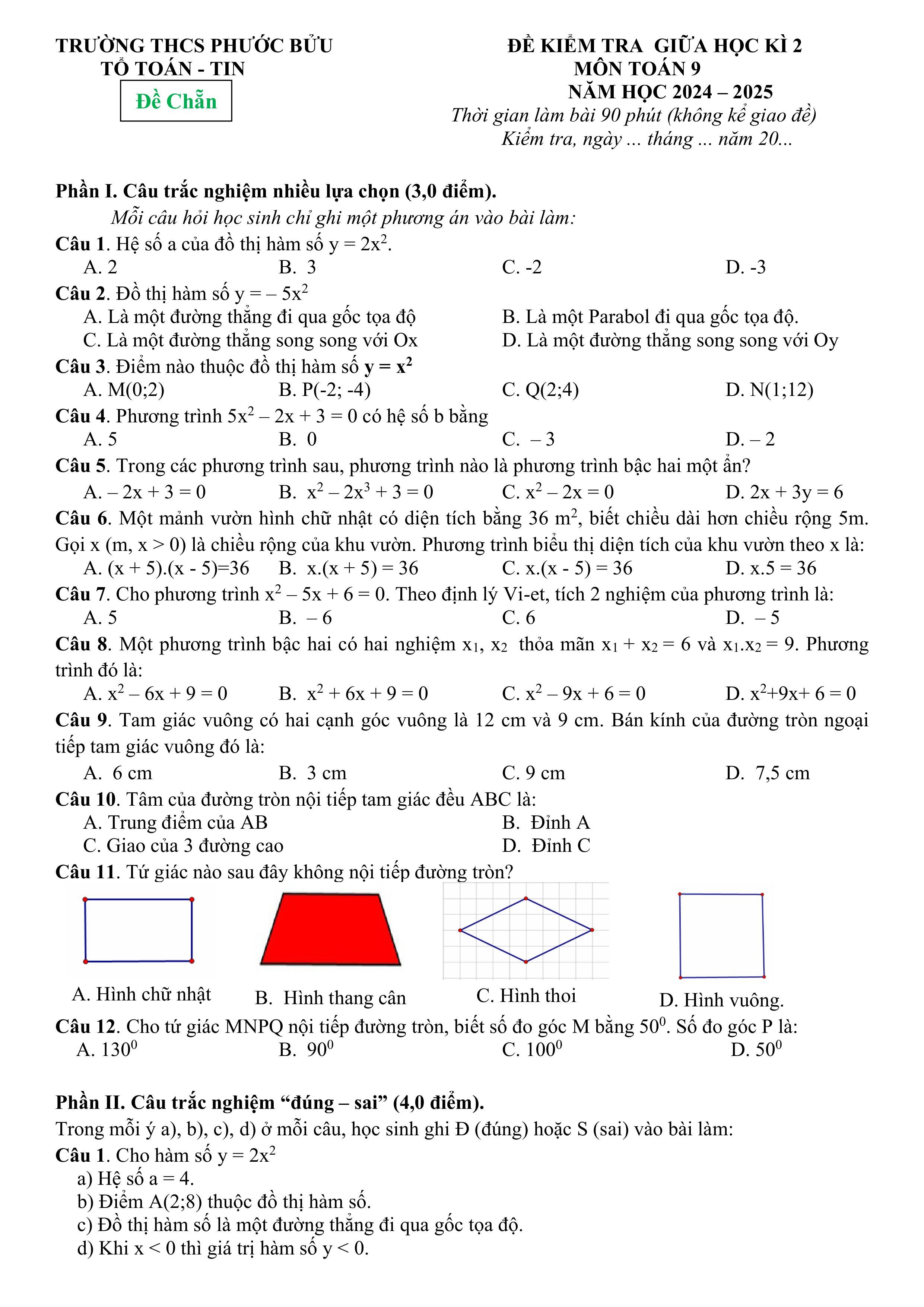 Đề thi Giữa kì 2 Toán 9 trường THCS Phước Bửu (Bà Rịa - Vũng Tàu) năm 2024–2025