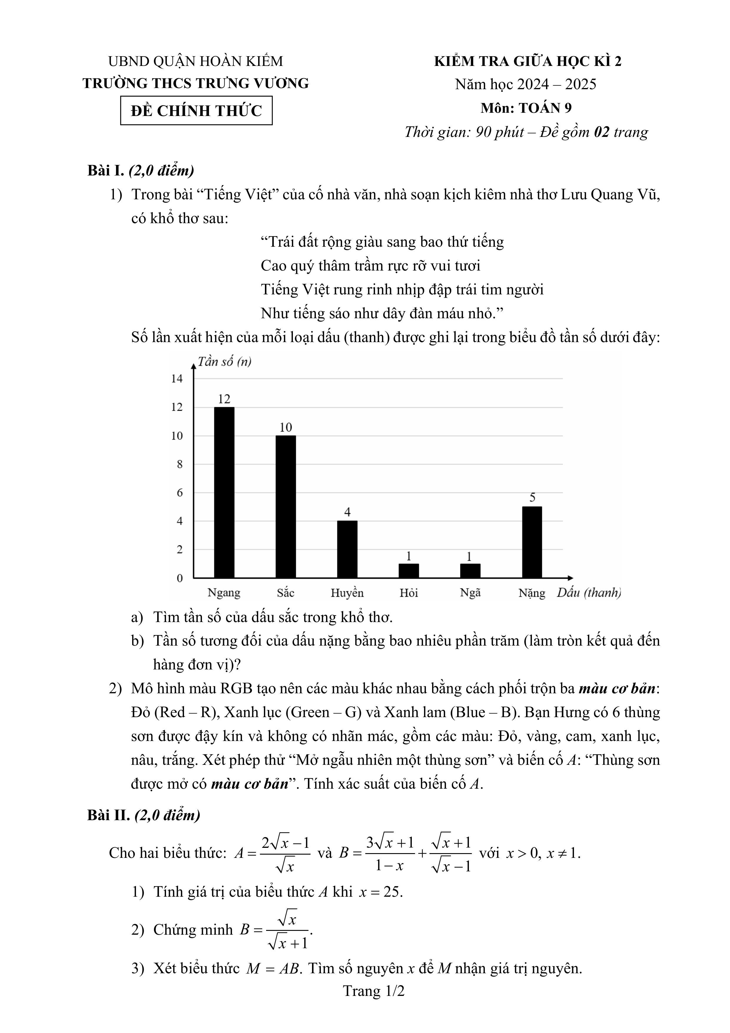 Đề thi Giữa kì 2 Toán 9 trường THCS Trưng Vương (Hà Nội) năm 2024–2025