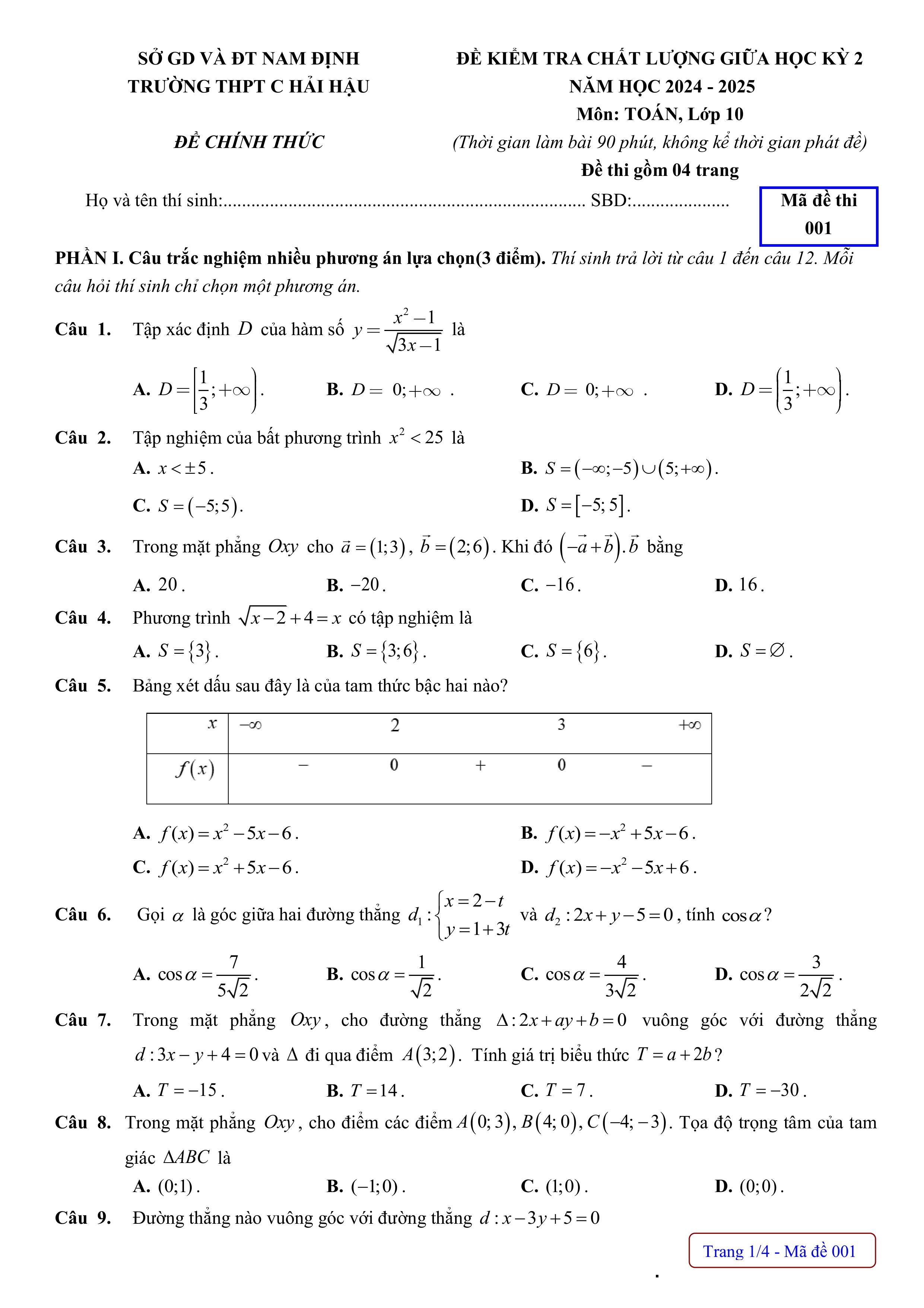 Đề thi Giữa kì 2 Toán 10 trường THPT C Hải Hậu (Nam Định) năm 2024–2025