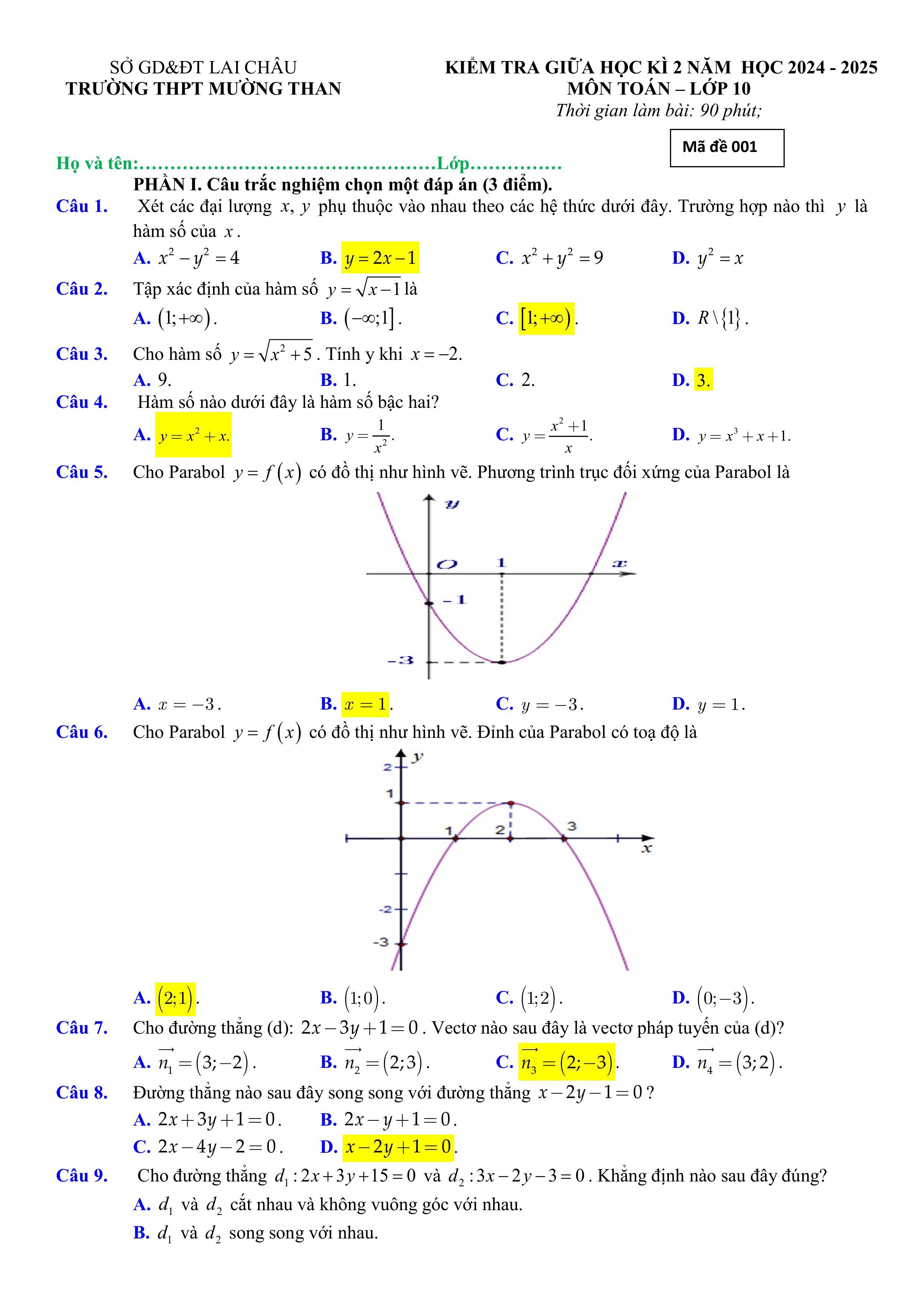 Đề thi Giữa kì 2 Toán 10 trường THPT Mường Than (Lai Châu) năm 2024–2025