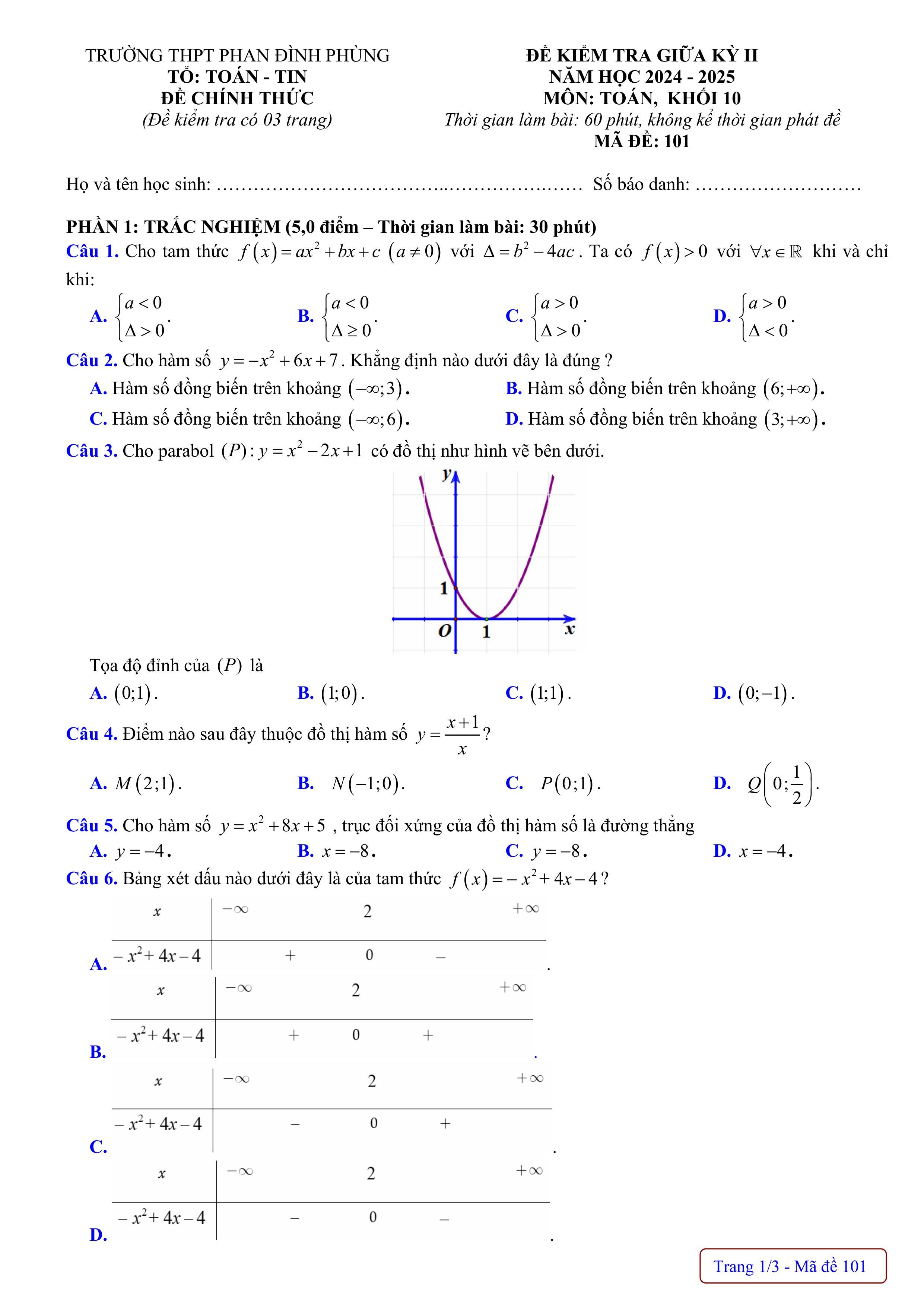 Đề thi Giữa kì 2 Toán 10 trường THPT Phan Đình Phùng (Hà Nội) năm 2024–2025