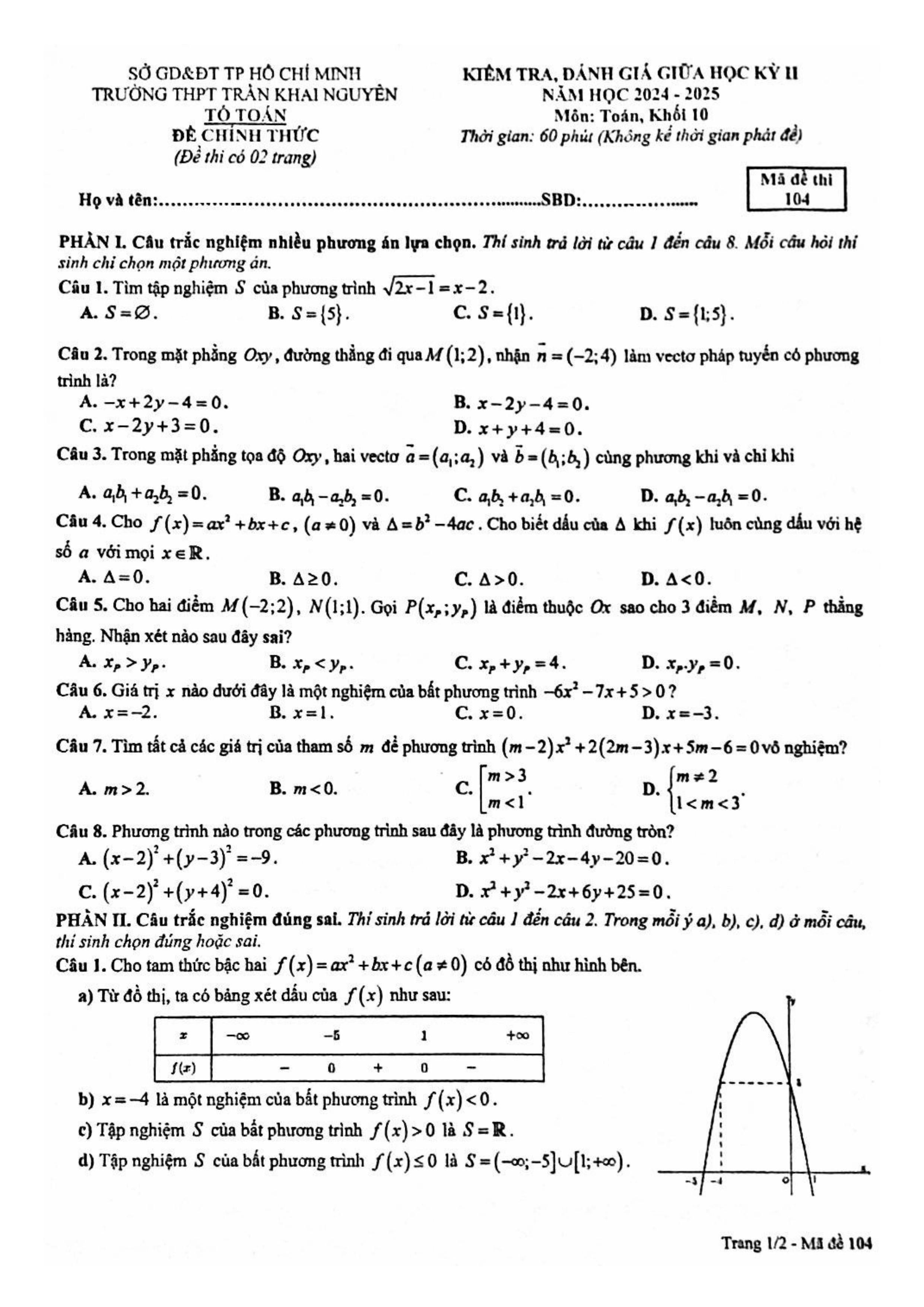 Đề thi Giữa kì 2 Toán 10 trường THPT Trần Khai Nguyên (Hồ Chí Minh) năm 2024–2025