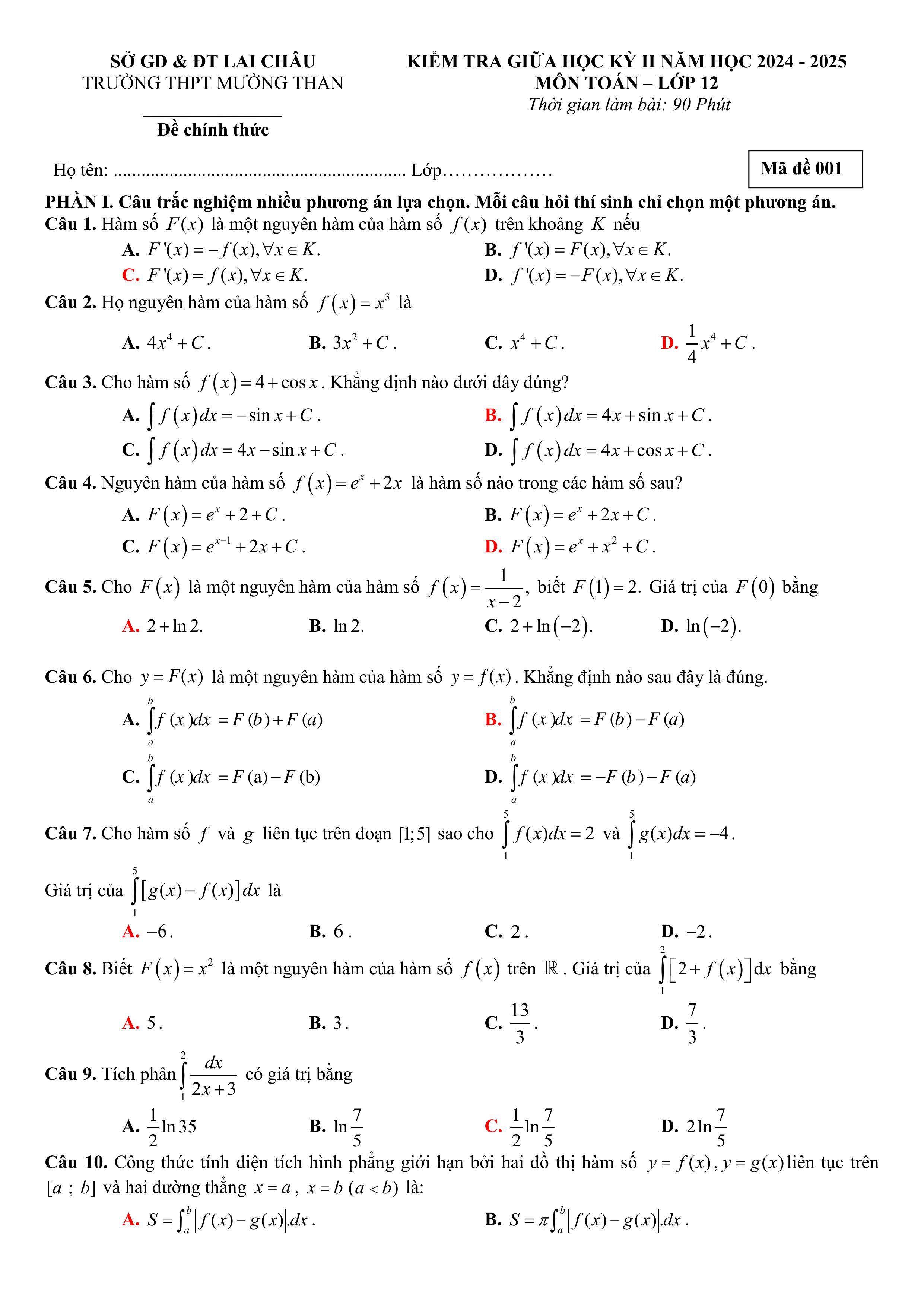 Đề thi Giữa kì 2 Toán 12 trường THPT Mường Than (Lai Châu) năm 2024–2025