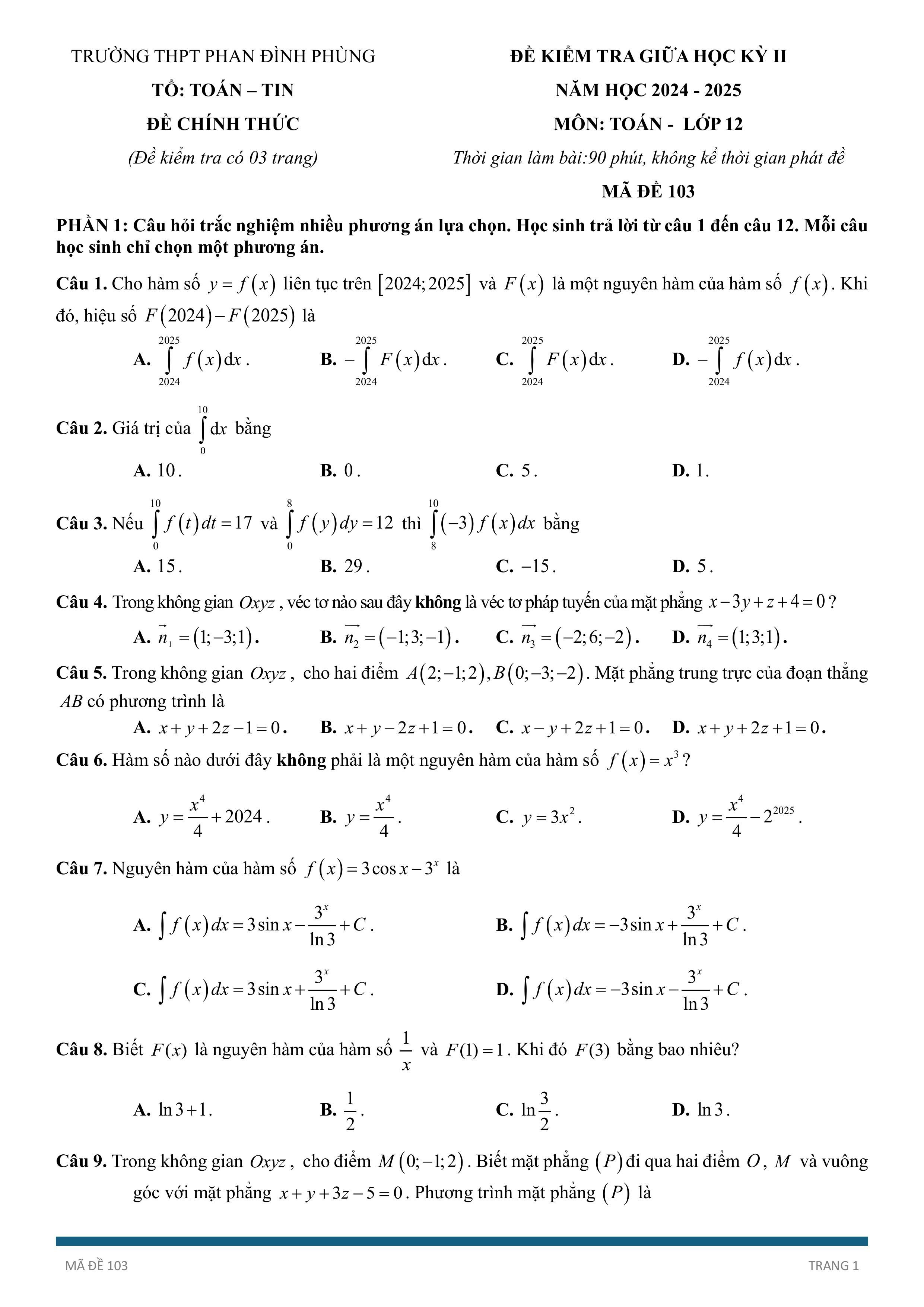 Đề thi Giữa kì 2 Toán 12 trường THPT Phan Đình Phùng ( Hà Nội) năm 2024–2025