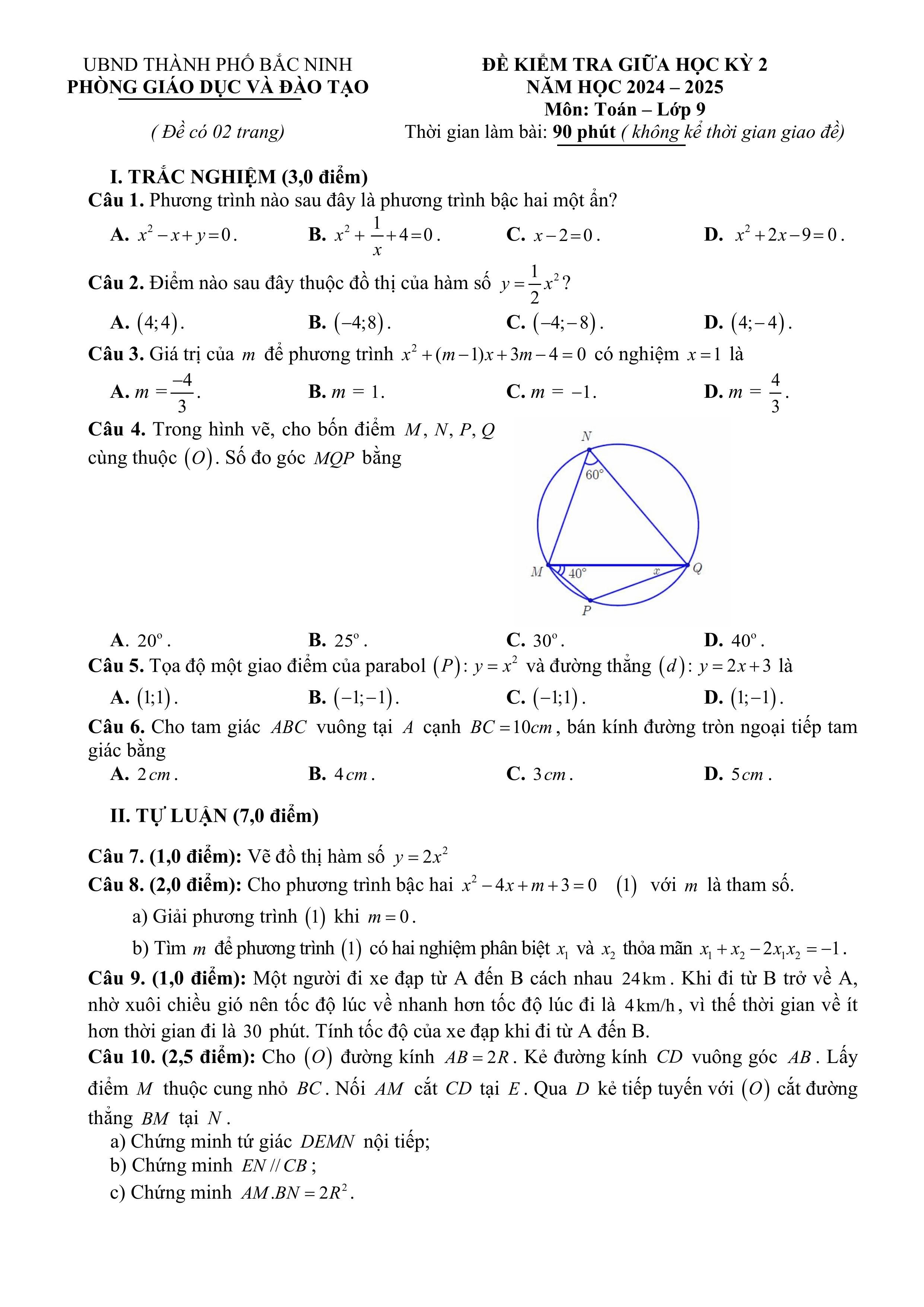 Đề thi Giữa kì 2 Toán 9 phòng GD&ĐT thành phố Bắc Ninh (Bắc Ninh) năm 2024–2025