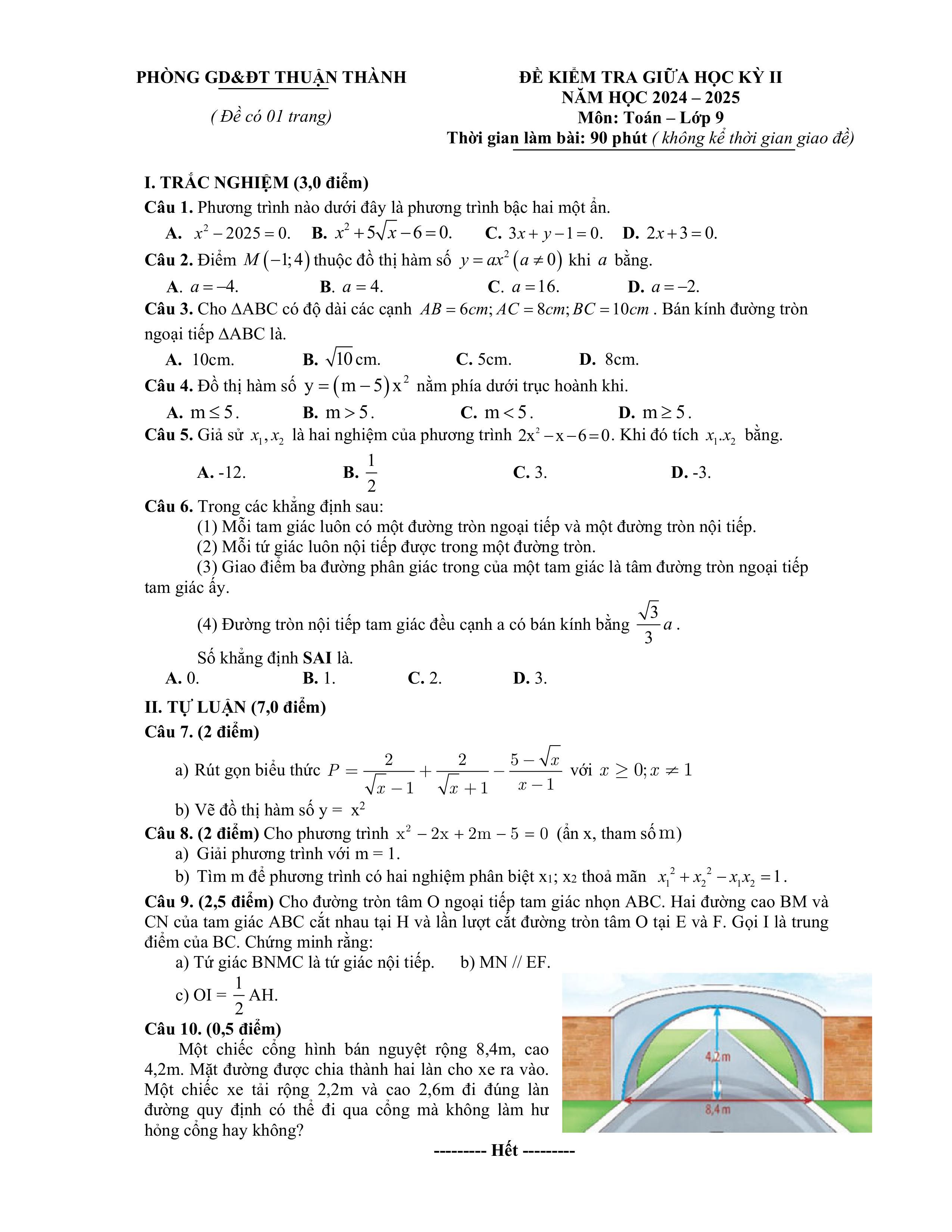 Đề thi Giữa kì 2 Toán 9 phòng GD&ĐT Thuận Thành (Bắc Ninh) năm 2024–2025