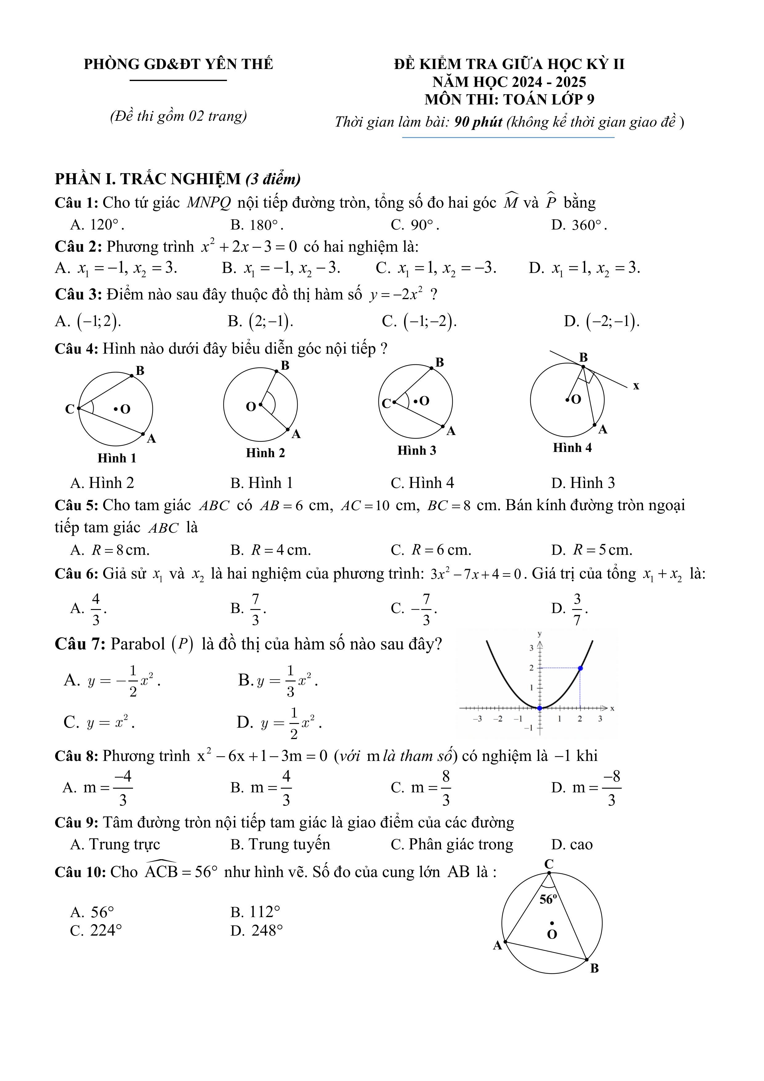 Đề thi Giữa kì 2 Toán 9 phòng GD&ĐT Yên Thế (Bắc Giang) năm 2024–2025