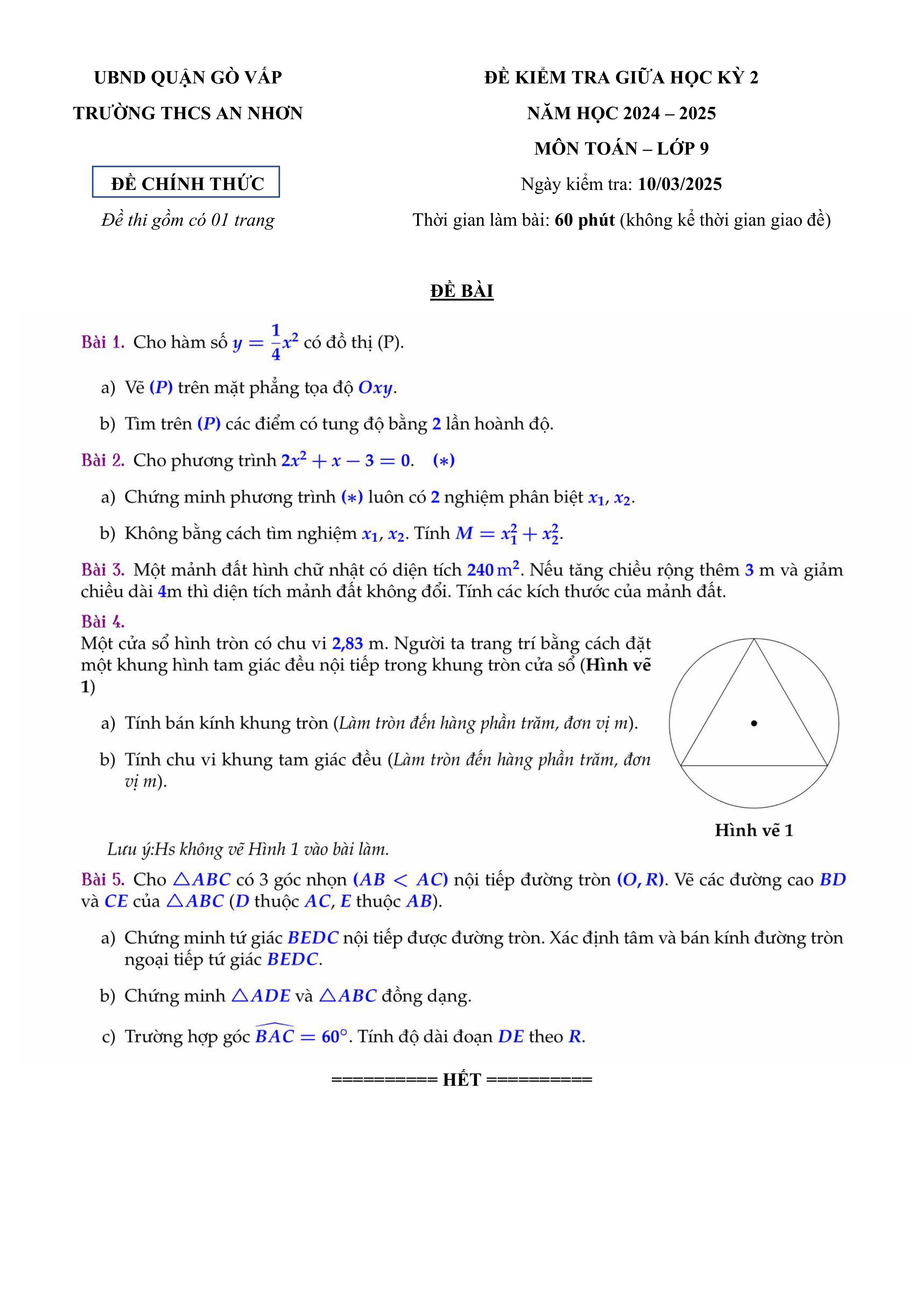 Đề thi Giữa kì 2 Toán 9 trường THCS An Nhơn (Hồ Chí Minh) năm 2024–2025