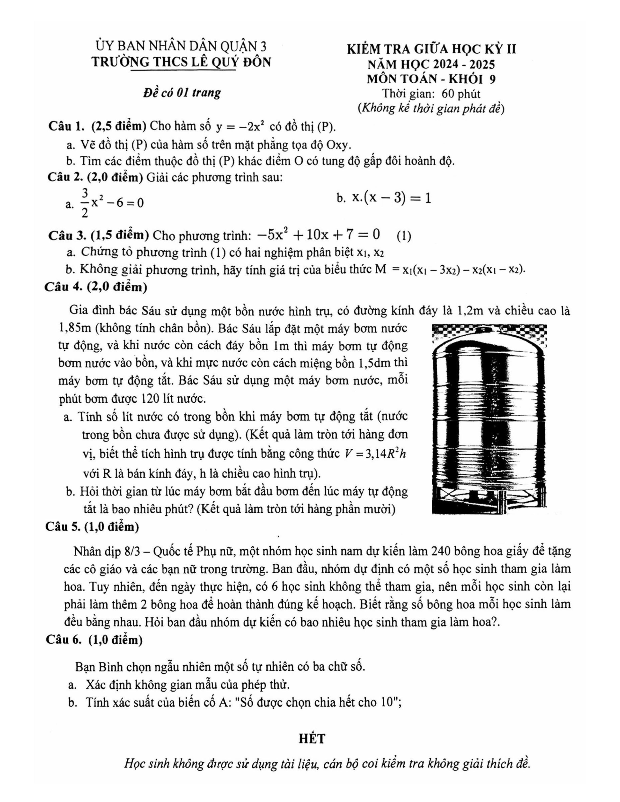 Đề thi Giữa kì 2 Toán 9 trường THCS Lê Quý Đôn (Hồ Chí Minh) năm 2024–2025