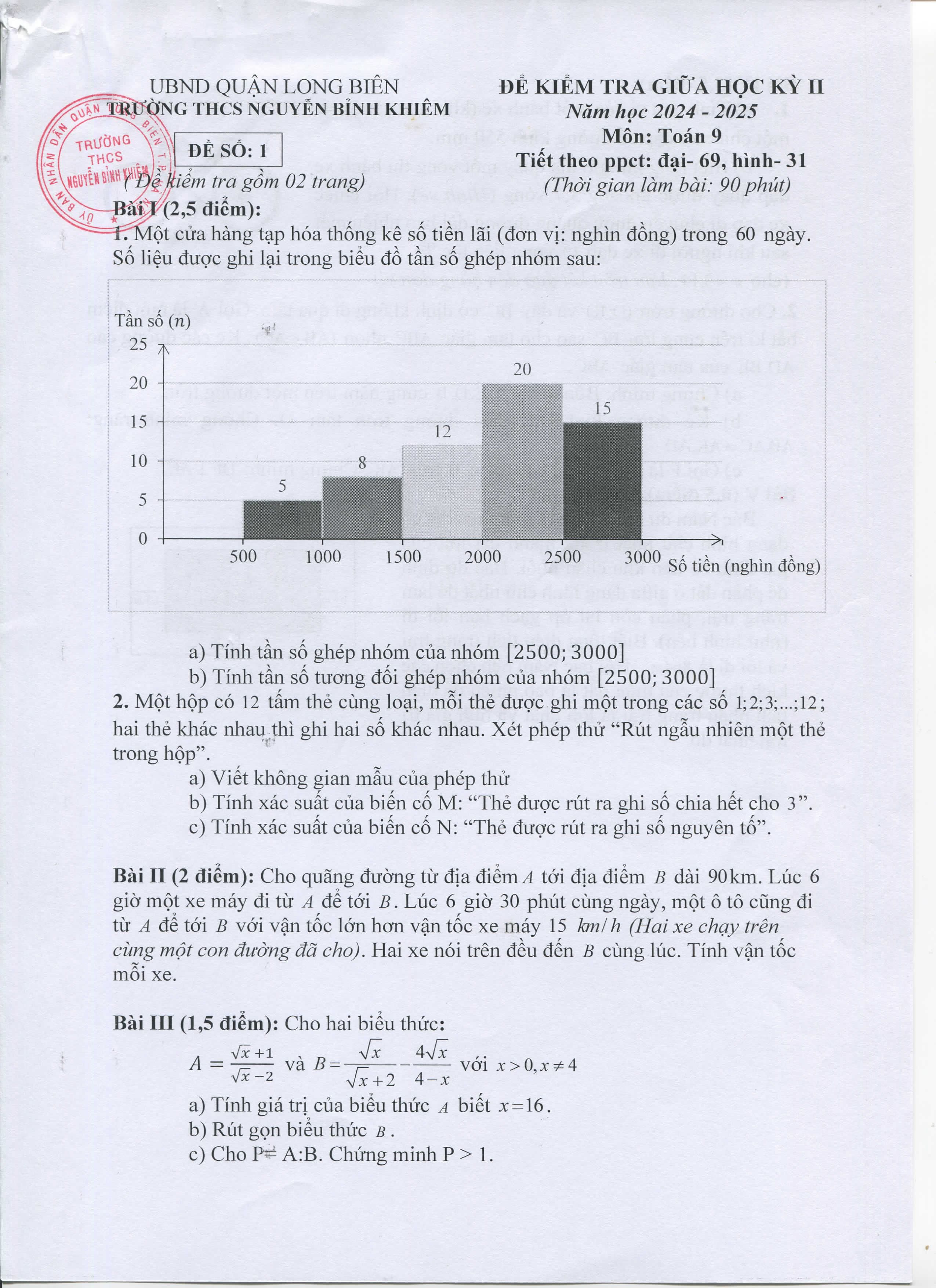Đề thi Giữa kì 2 Toán 9 trường THCS Nguyễn Bỉnh Khiêm (Hà Nội) năm 2024–2025