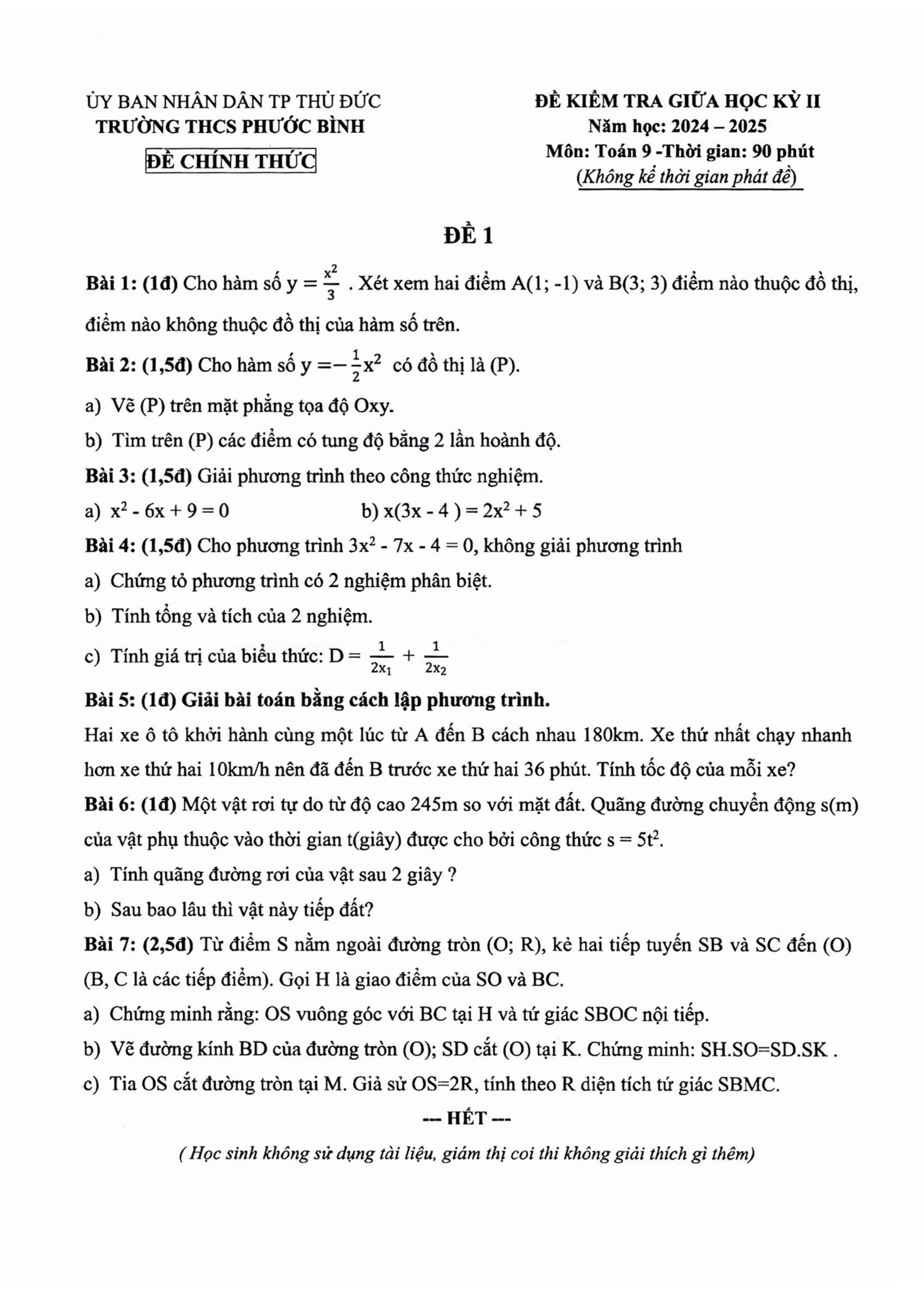 Đề thi Giữa kì 2 Toán 9 trường THCS Phước Bình (Hồ Chí Minh) năm 2024–2025