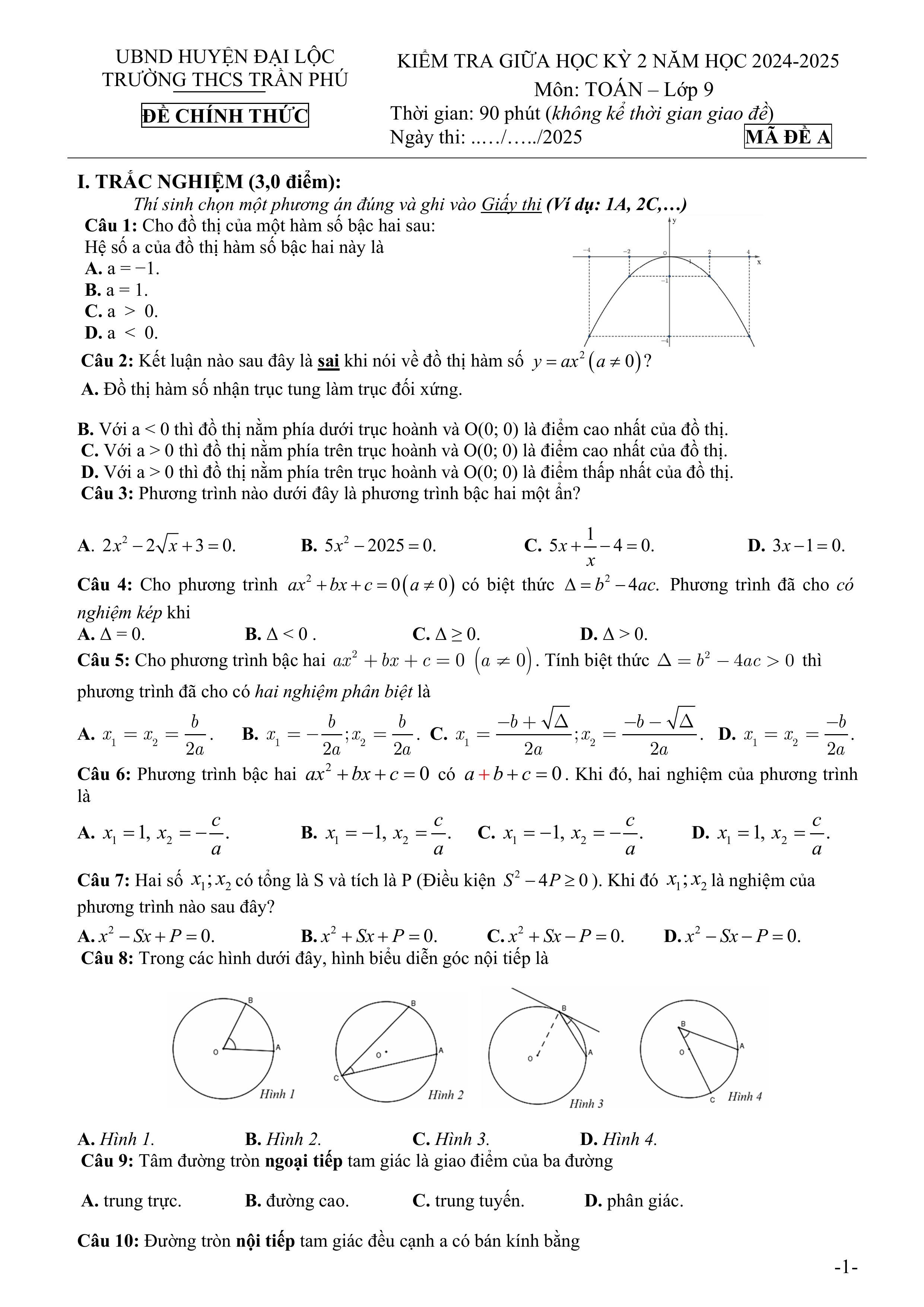 Đề thi Giữa kì 2 Toán 9 trường THCS Trần Phú (Quảng Nam) năm 2024–2025