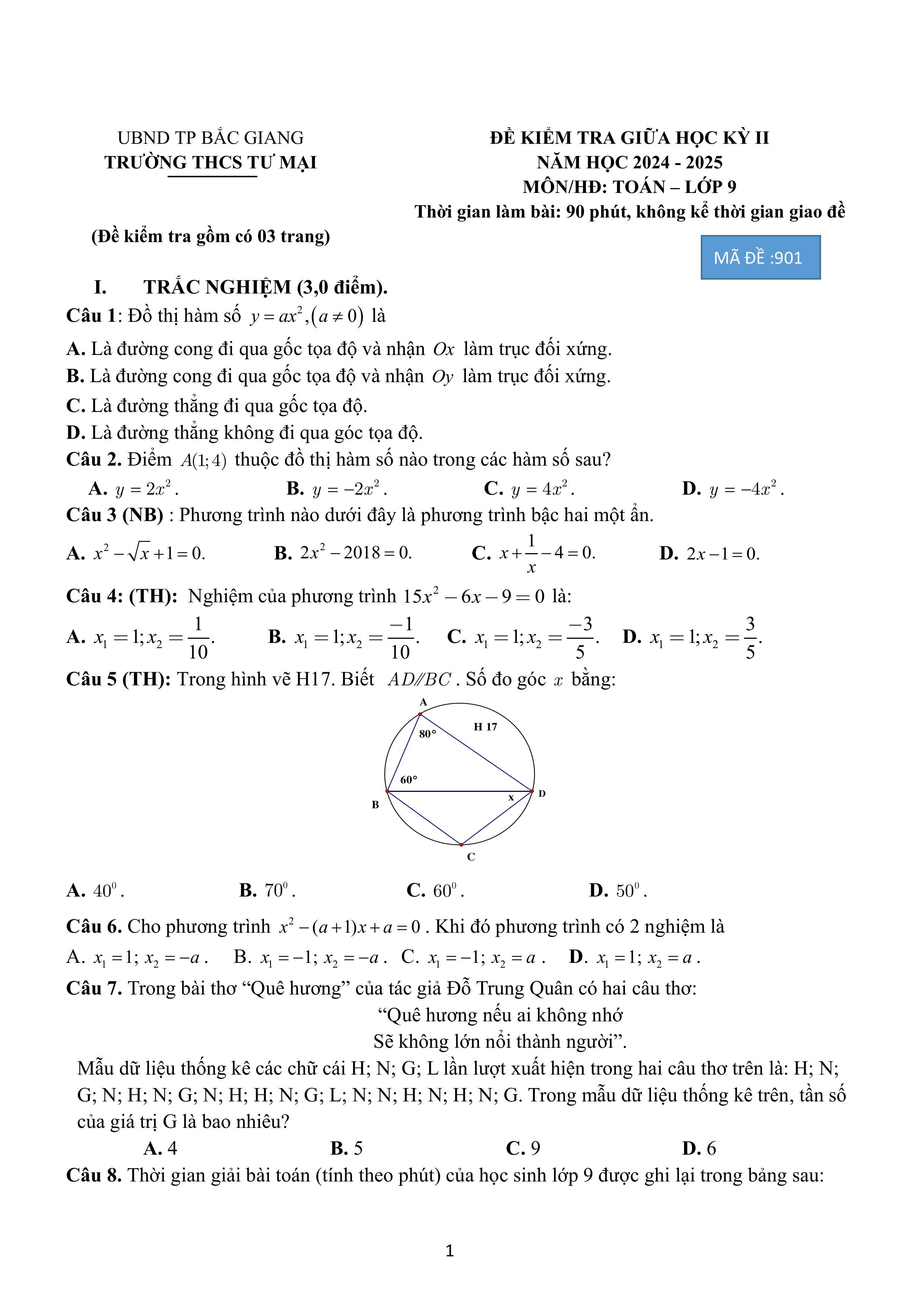 Đề thi Giữa kì 2 Toán 9 trường THCS Tư Mại (Bắc Giang) năm 2024–2025