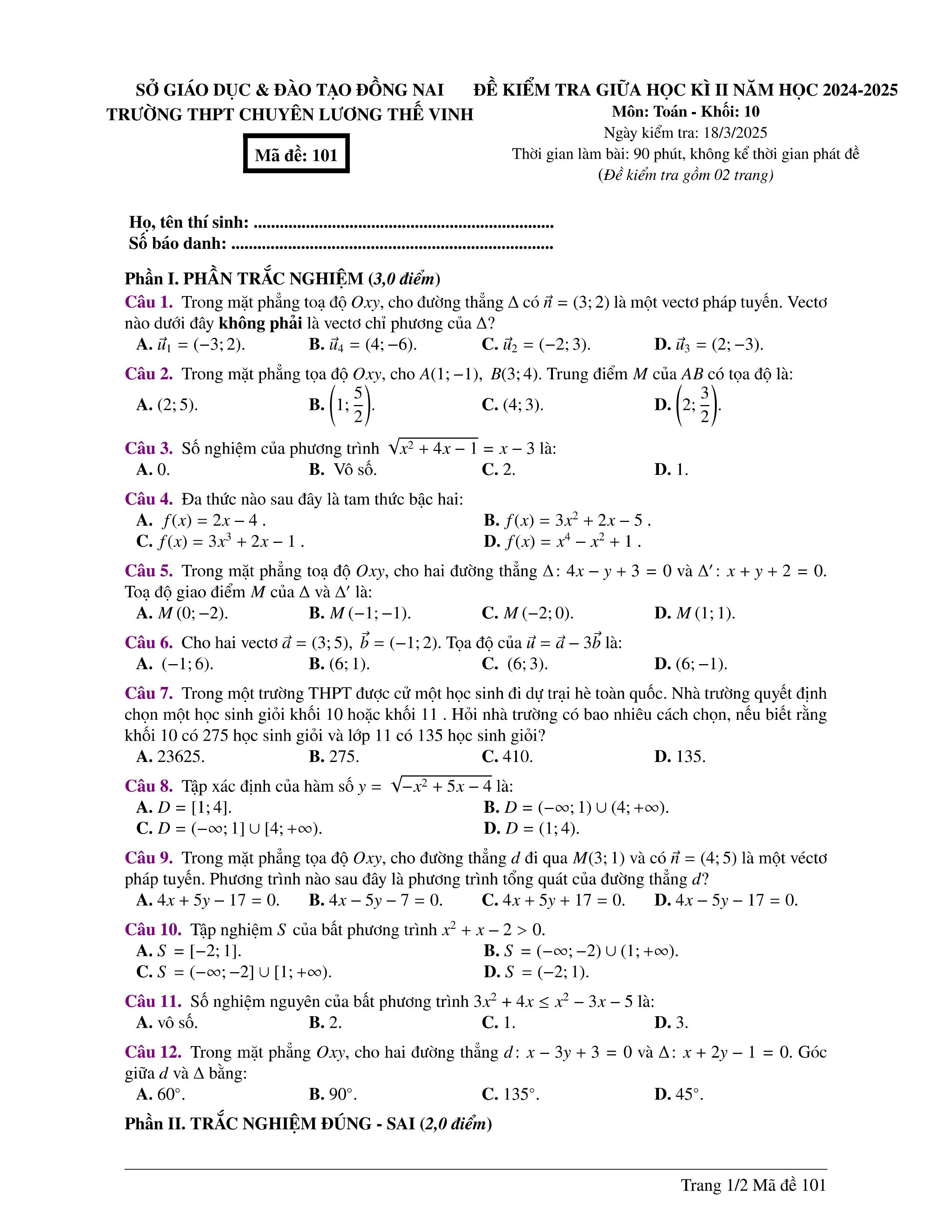 Đề thi Giữa kì 2 Toán 10 trường THPT Lương Thế Vinh (Đồng Nai) năm 2024–2025