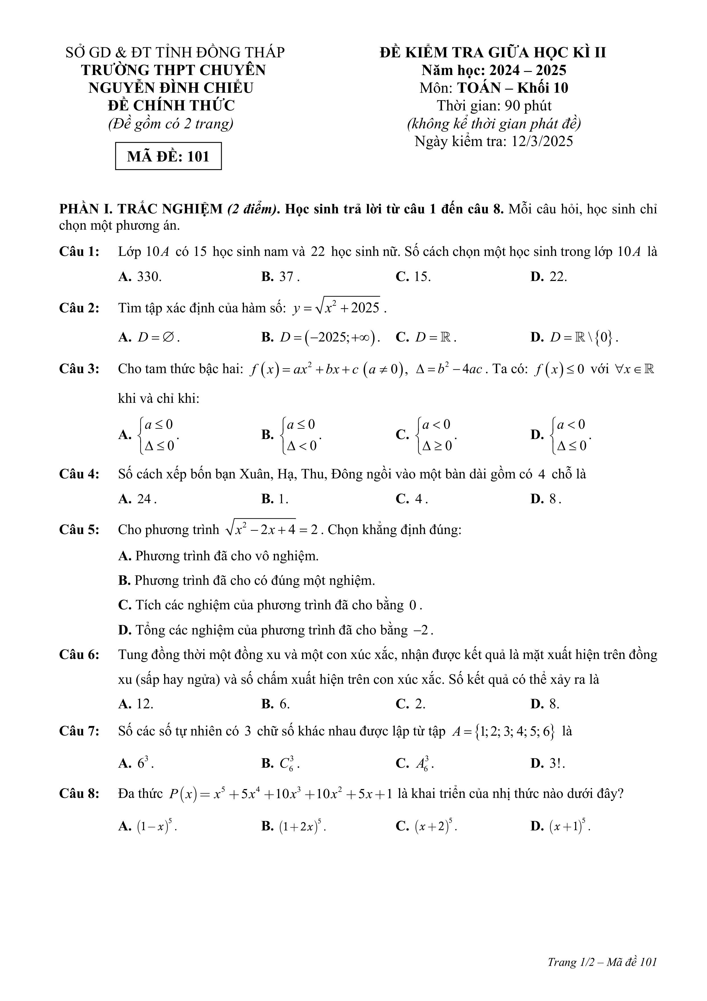 Đề thi Giữa kì 2 Toán 10 trường THPT Nguyễn Đình Chiểu (Đồng Tháp) năm 2024–2025