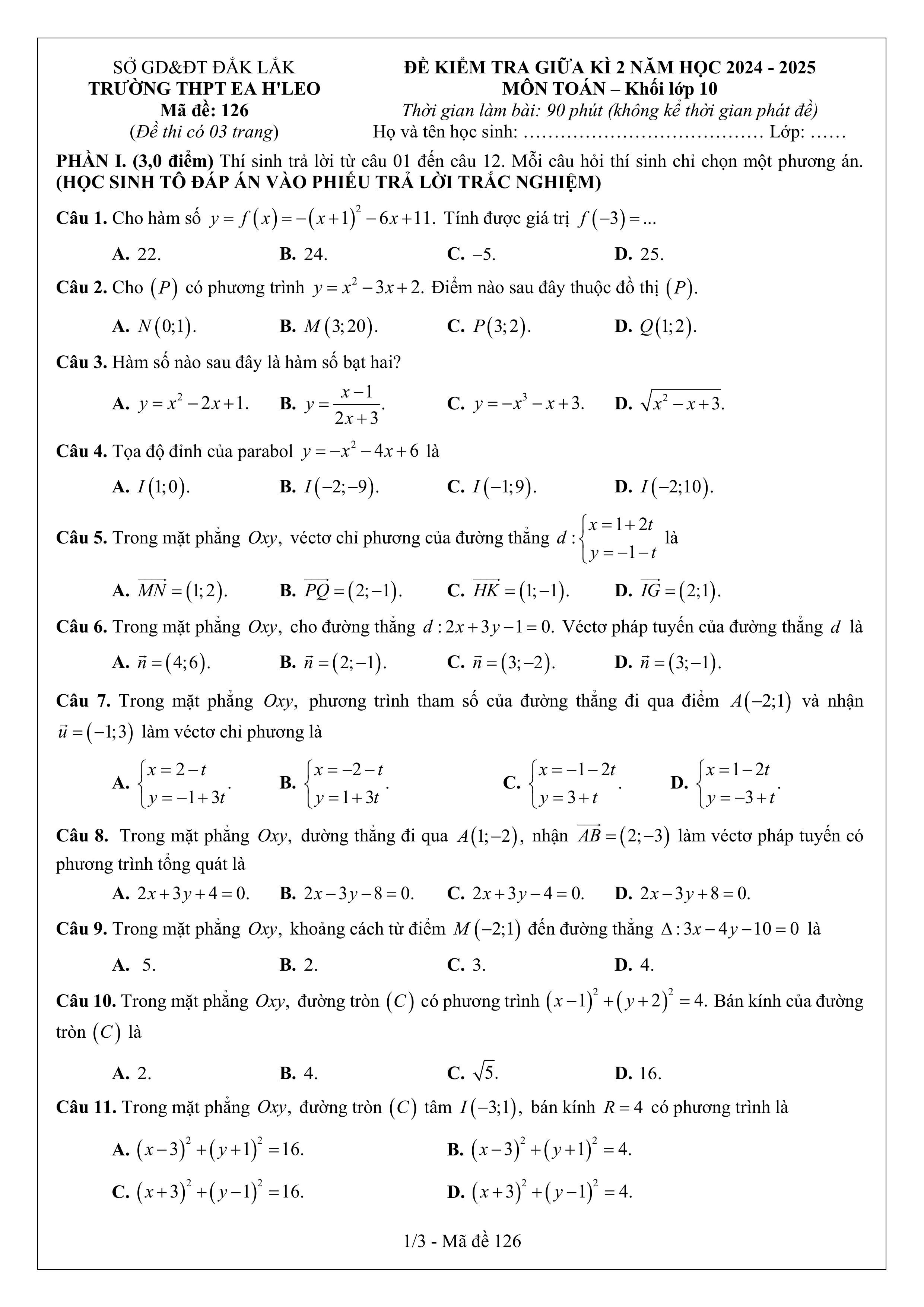 Đề thi Giữa kì 2 Toán 10 trường THPT Ea H'Leo (Đắk Lắk) năm 2024–2025
