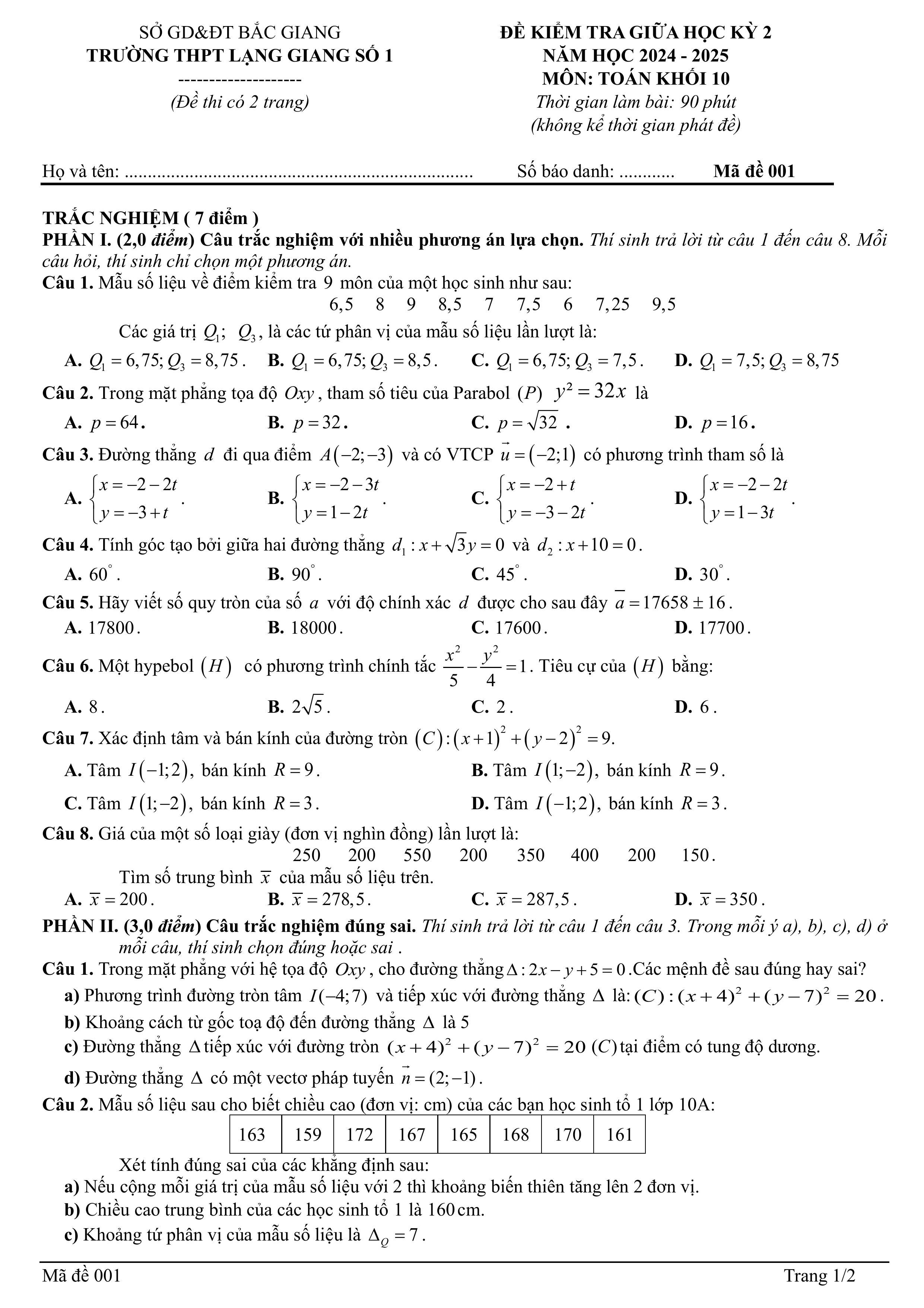 Đề thi Giữa kì 2 Toán 10 trường THPT Lạng Giang 1 (Bắc Giang) năm 2024–2025