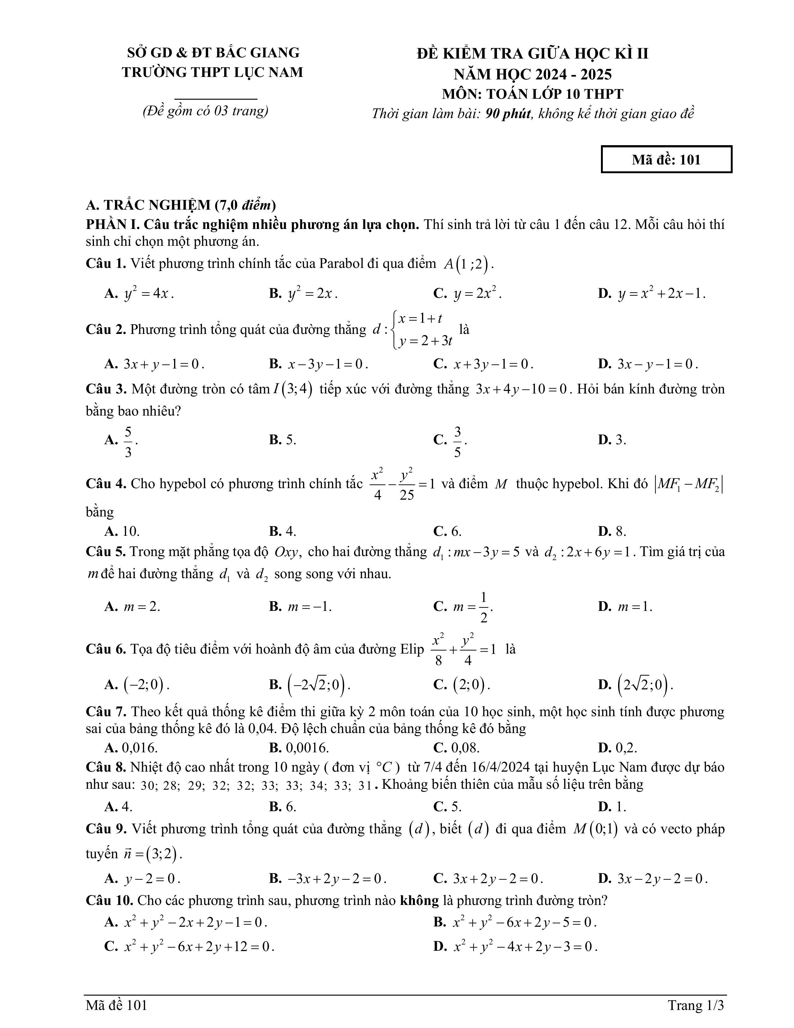 Đề thi Giữa kì 2 Toán 10 trường THPT Lục Nam (Bắc Giang) năm 2024–2025