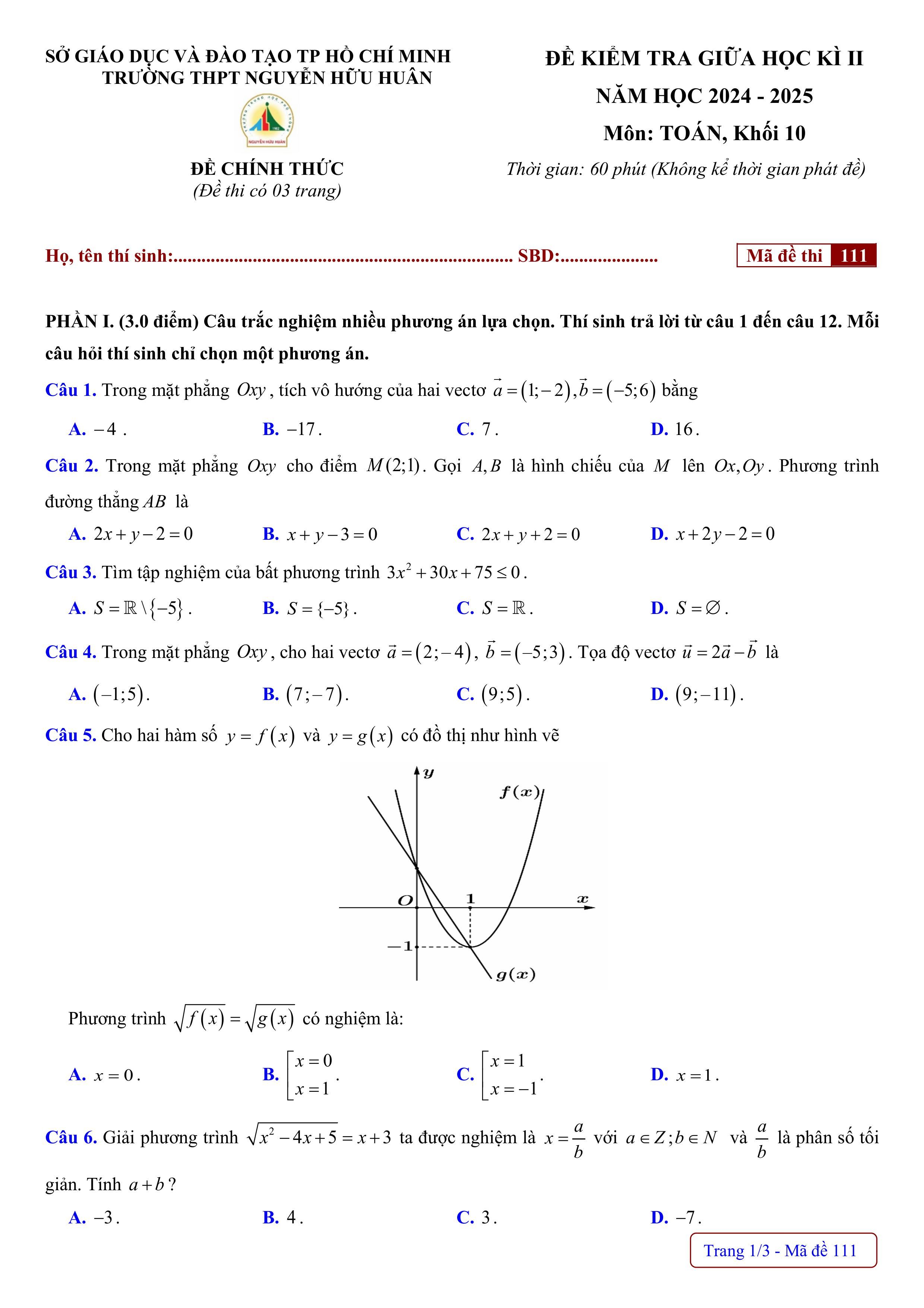 Đề thi Giữa kì 2 Toán 10 trường THPT Nguyễn Hữu Huân (Hồ Chí Minh) năm 2024–2025
