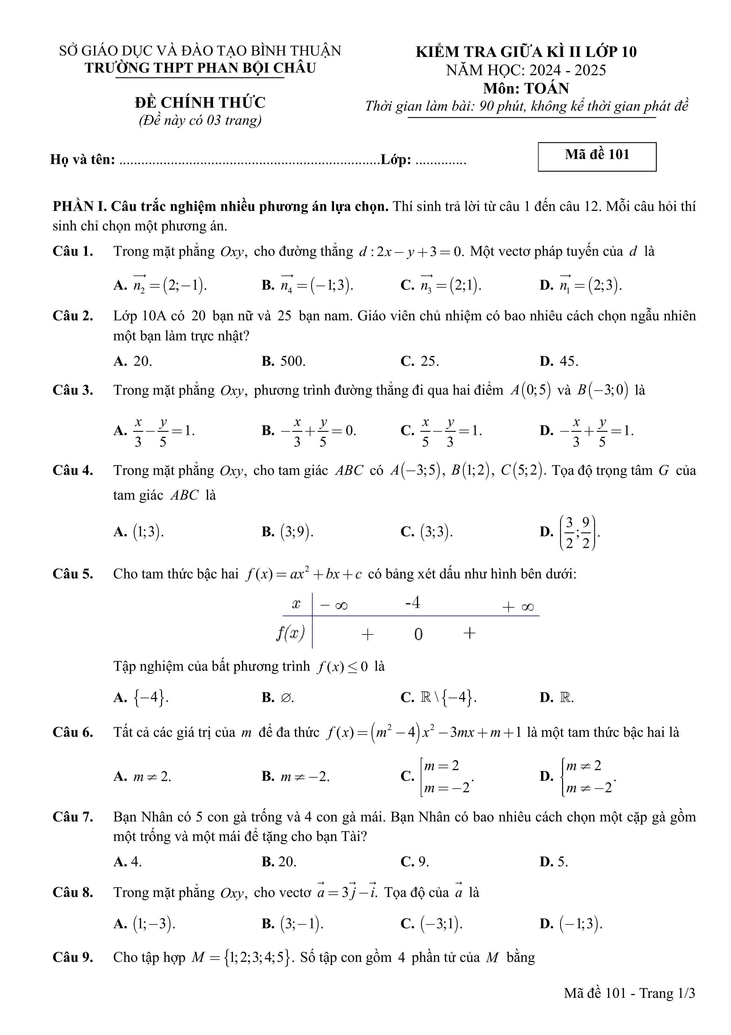 Đề thi Giữa kì 2 Toán 10 trường THPT Phan Bội Châu (Bình Thuận) năm 2024–2025