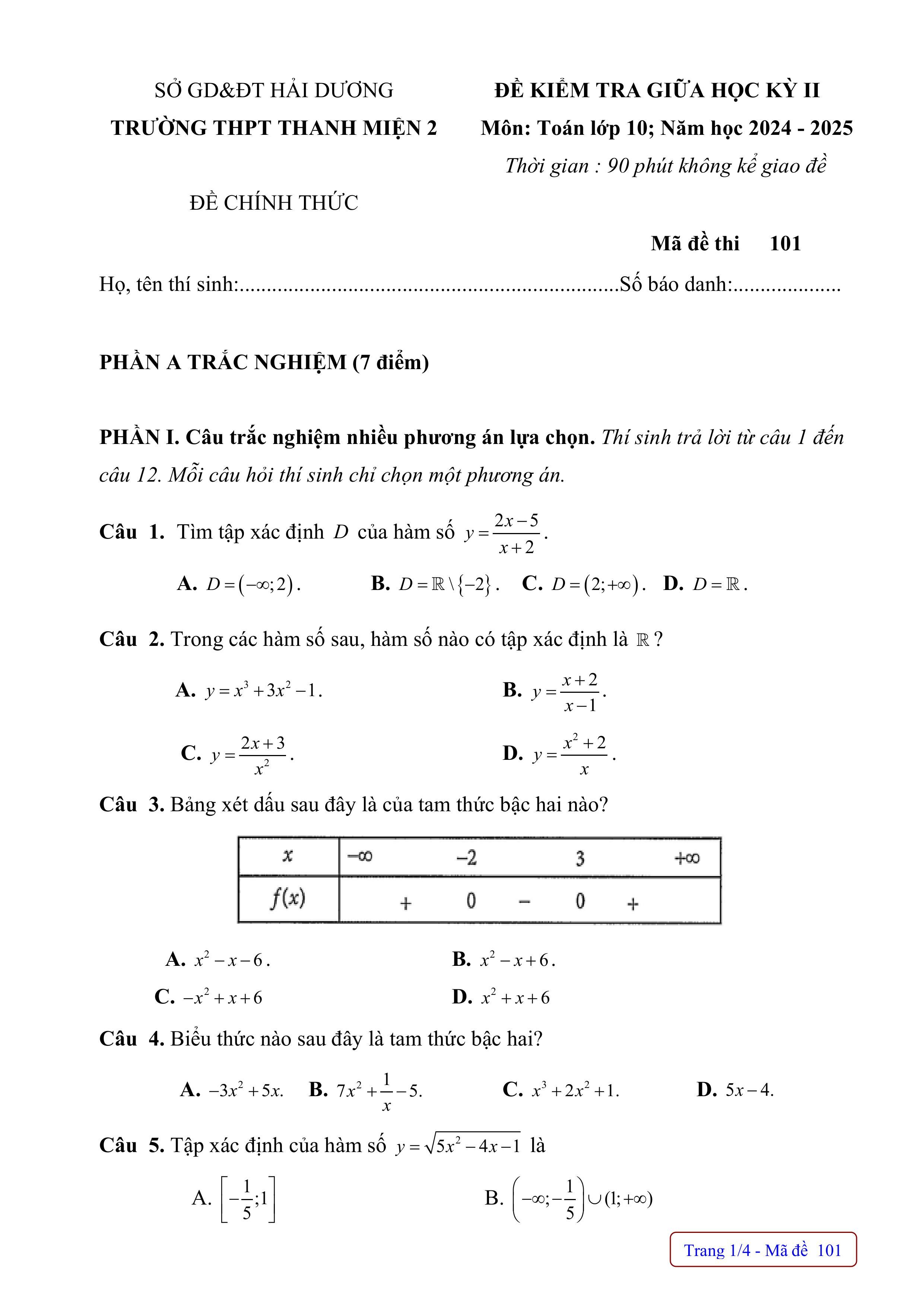Đề thi Giữa kì 2 Toán 10 trường THPT Thanh Miện 2 (Hải Dương) năm 2024–2025