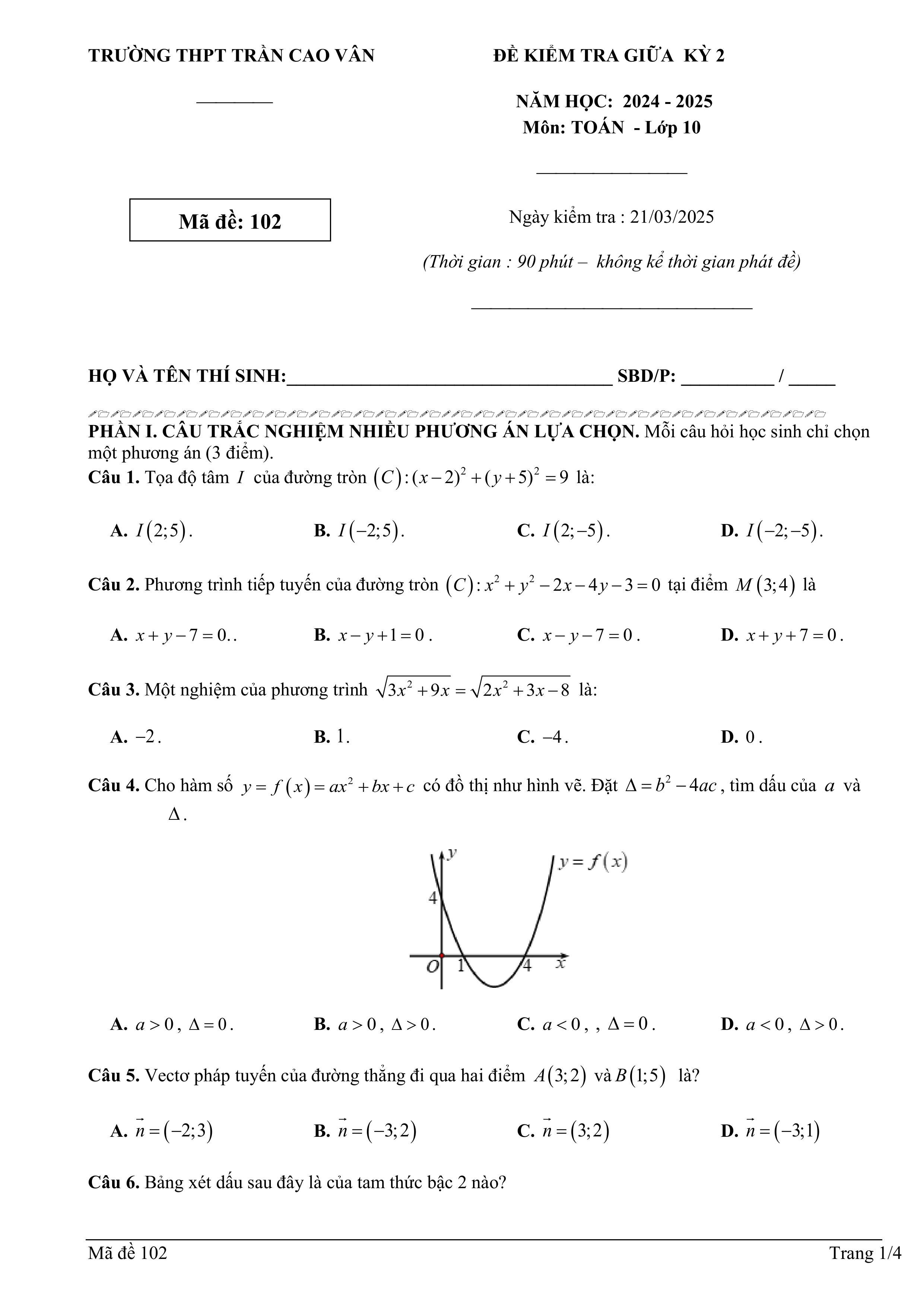 Đề thi Giữa kì 2 Toán 10 trường THPT Trần Cao Vân (Khánh Hòa) năm 2024–2025