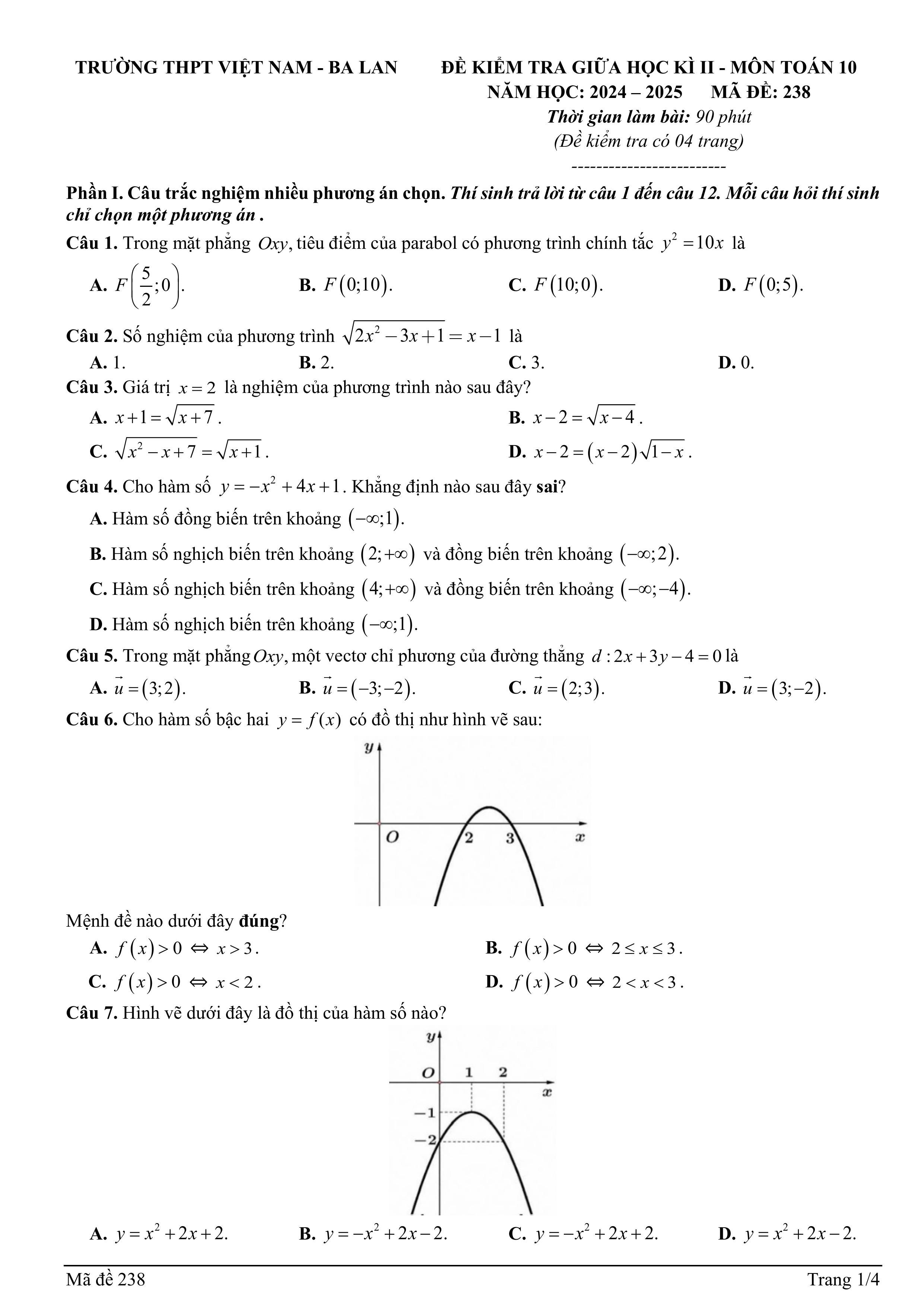 Đề thi Giữa kì 2 Toán 10 trường THPT Việt Nam - Ba Lan (Hà Nội) năm 2024–2025