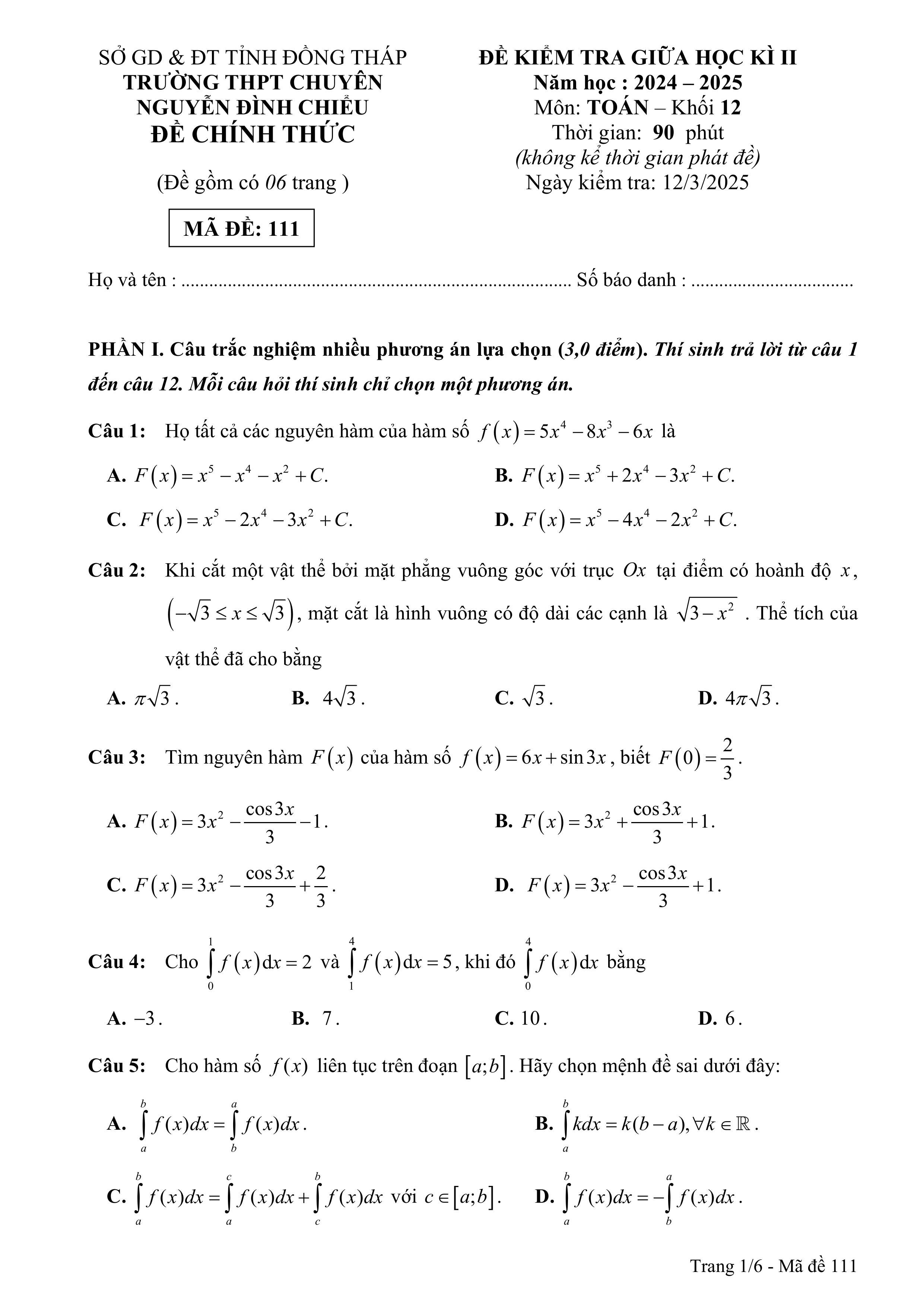 Đề thi Giữa kì 2 Toán 12 trường THPT Nguyễn Đình Chiểu (Đồng Tháp) năm 2024–2025