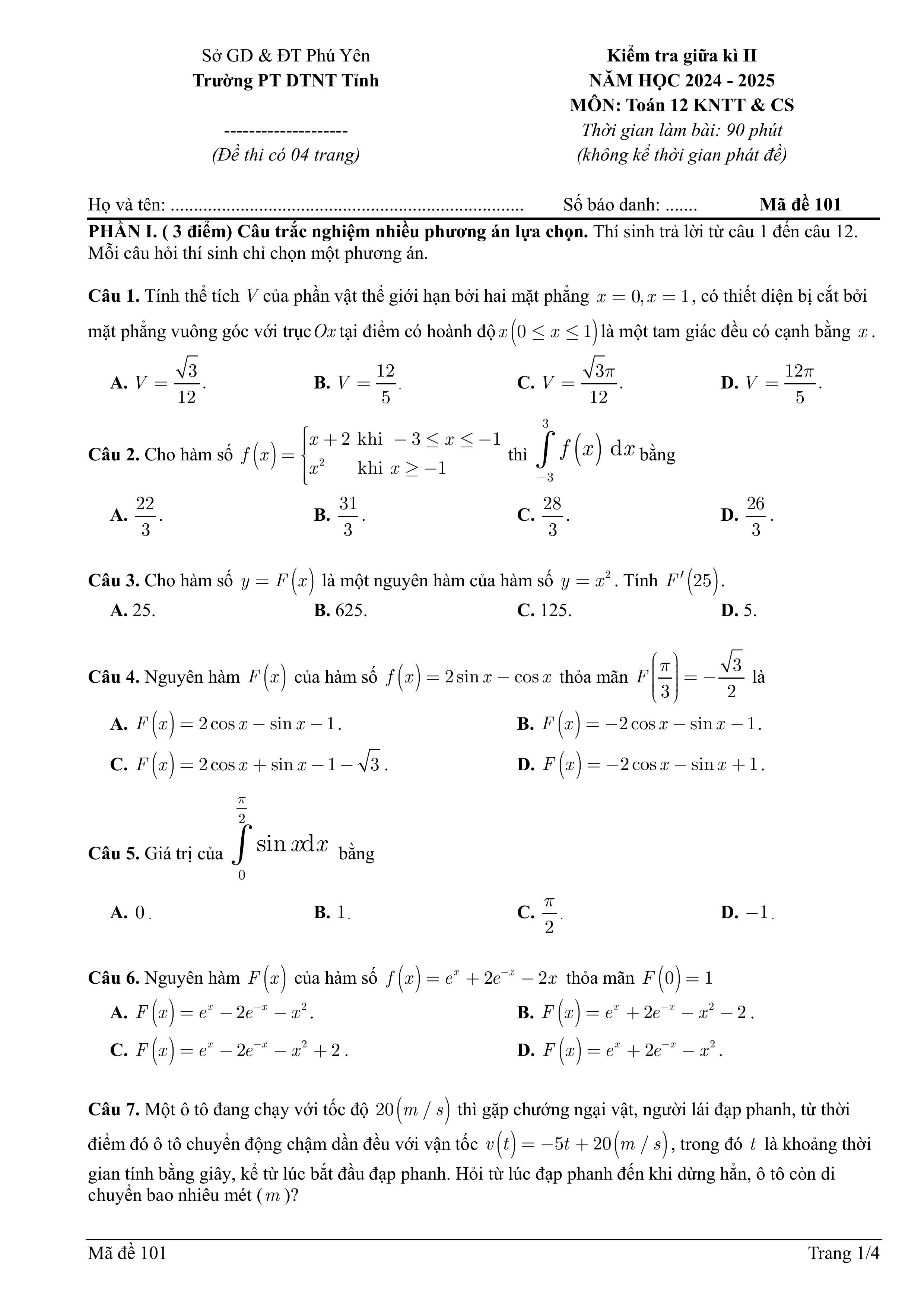 Đề thi Giữa kì 2 Toán 12 trường THPT PT DTNT (Phú Yên) năm 2024–2025