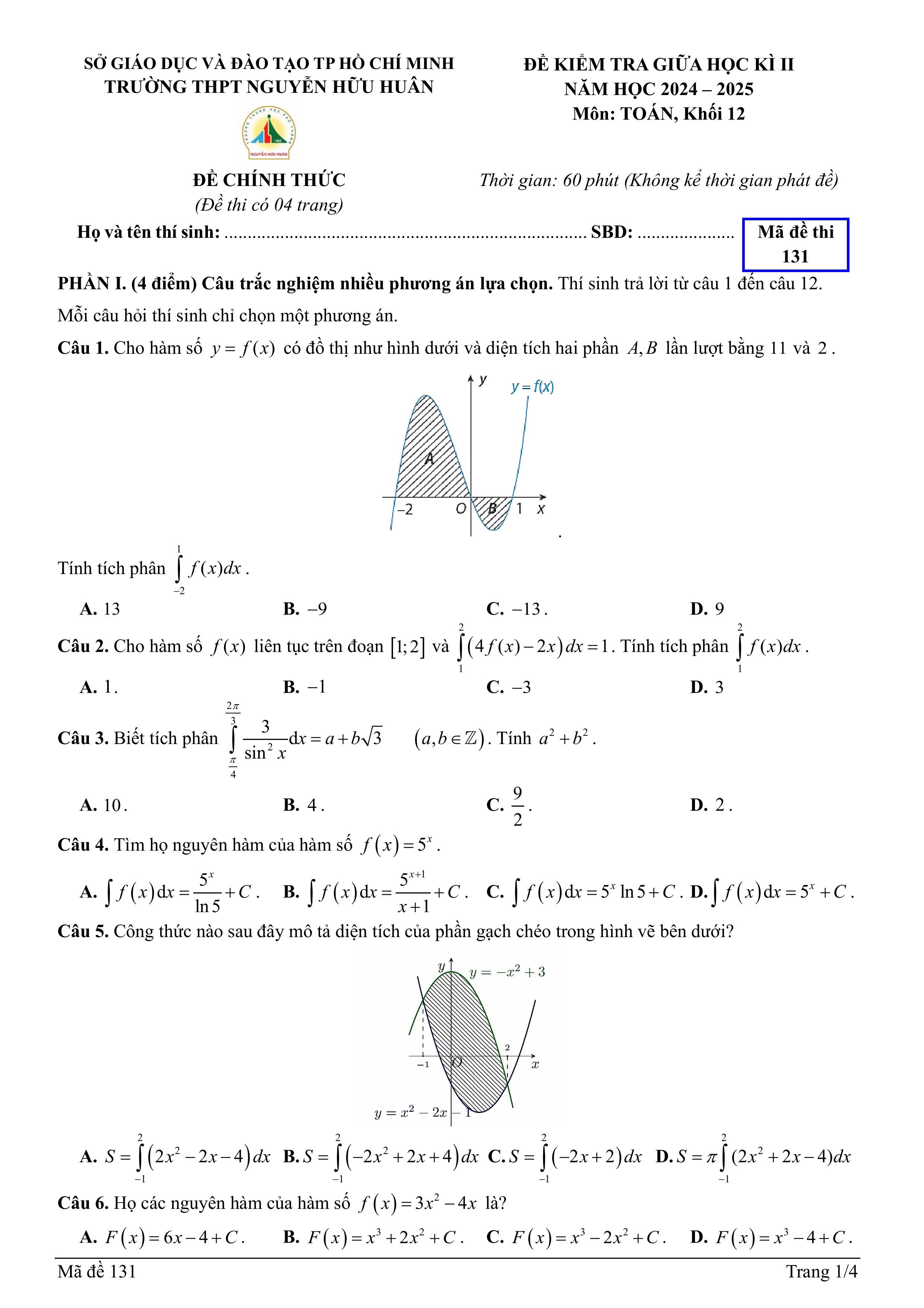 Đề thi Giữa kì 2 Toán 12 trường THPT Nguyễn Hữu Huân (Hồ Chí Minh) năm 2024–2025