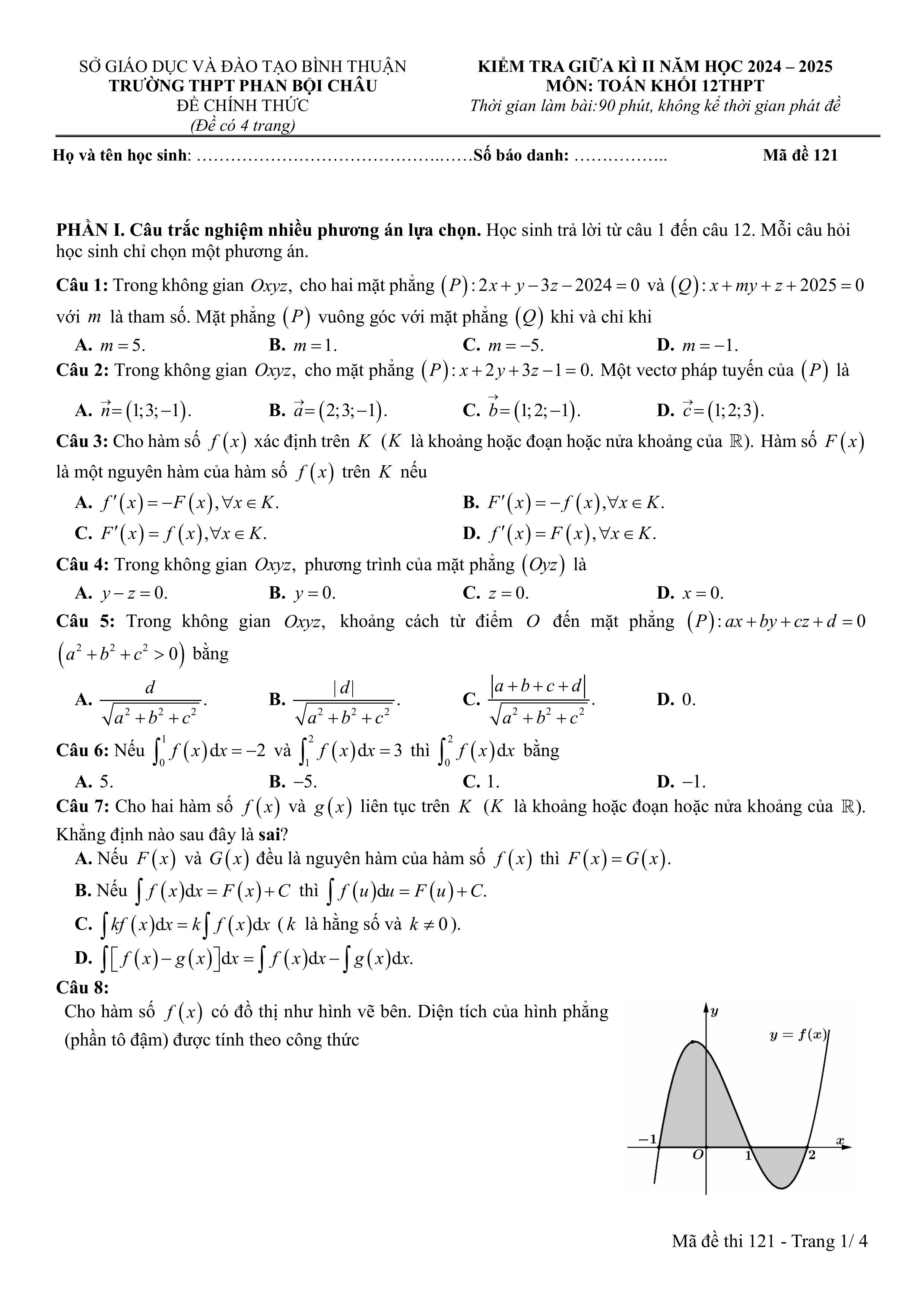 Đề thi Giữa kì 2 Toán 12 trường THPT Phan Bội Châu (Bình Thuận) năm 2024–2025