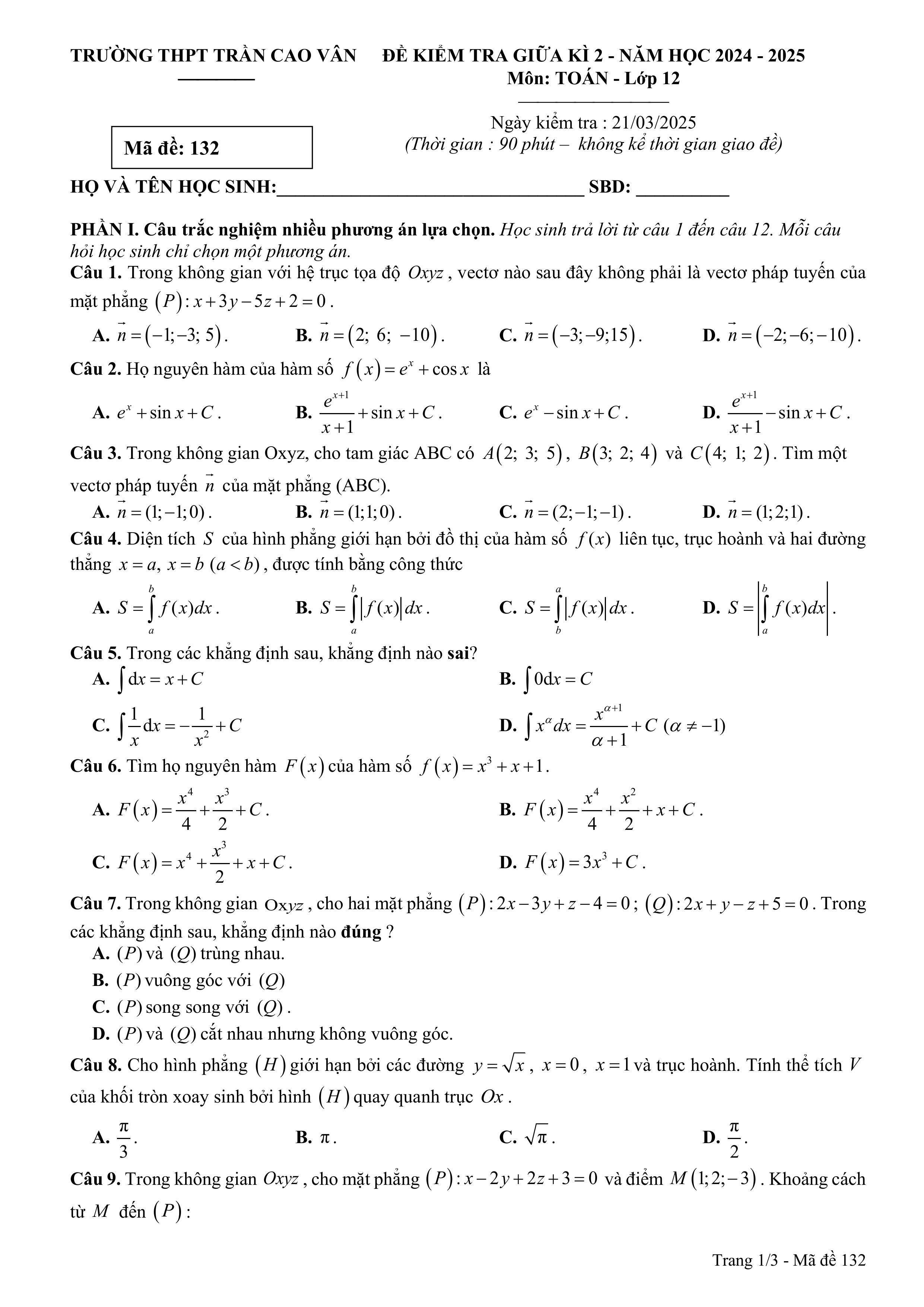 Đề thi Giữa kì 2 Toán 12 trường THPT Trần Cao Vân (Khánh Hòa) năm 2024–2025