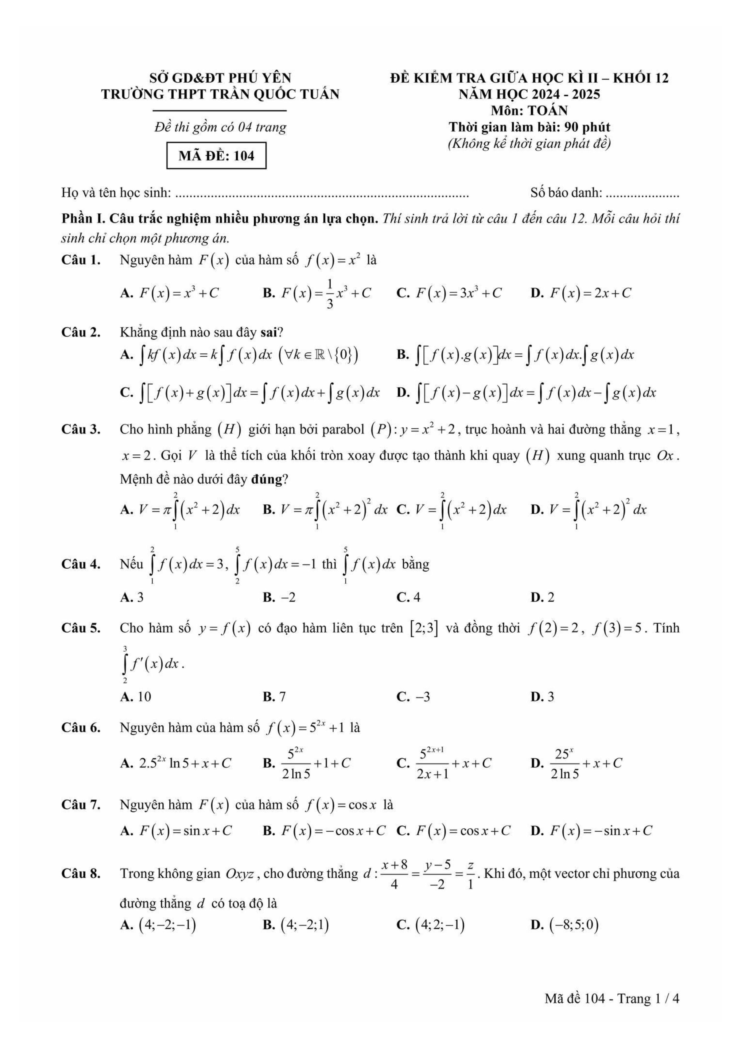 Đề thi Giữa kì 2 Toán 12 trường THPT Trần Quốc Tuấn (Phú Yên) năm 2024–2025