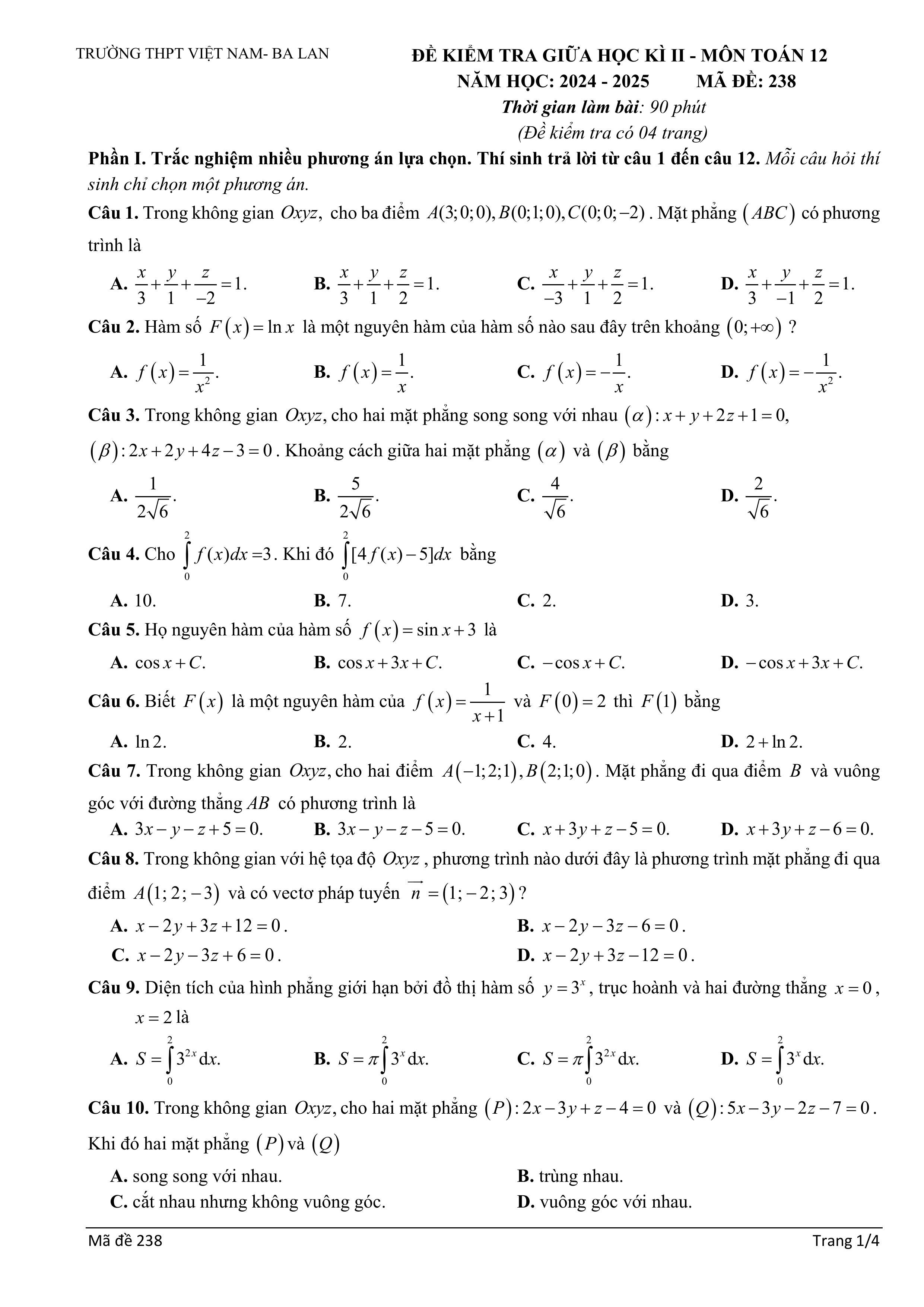 Đề thi Giữa kì 2 Toán 12 trường THPT Ba Lan (Hà Nội) năm 2024–2025