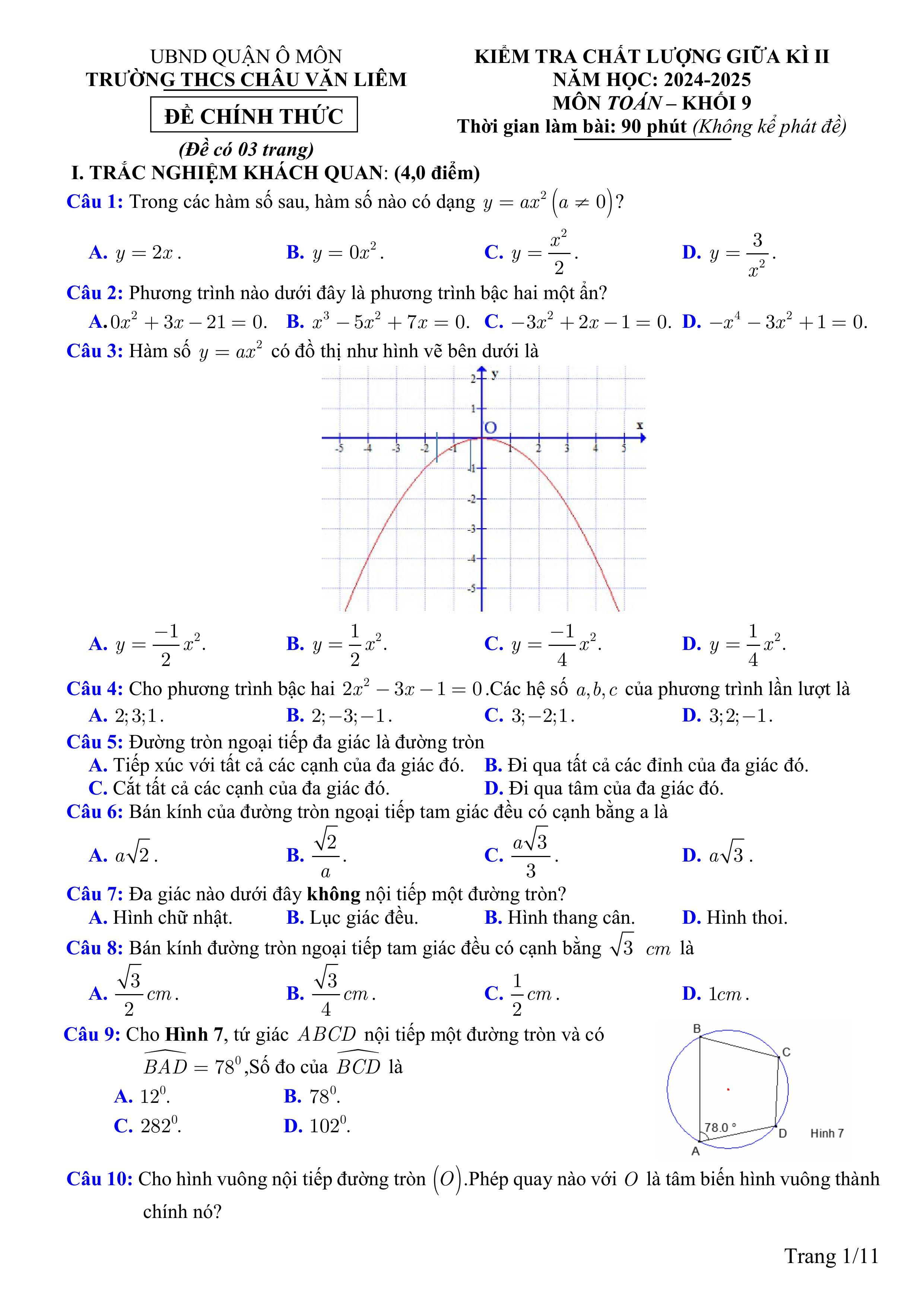 Đề thi Giữa kì 2 Toán 9 trường THCS Châu Văn Thiêm (Cần Thơ) năm 2024–2025