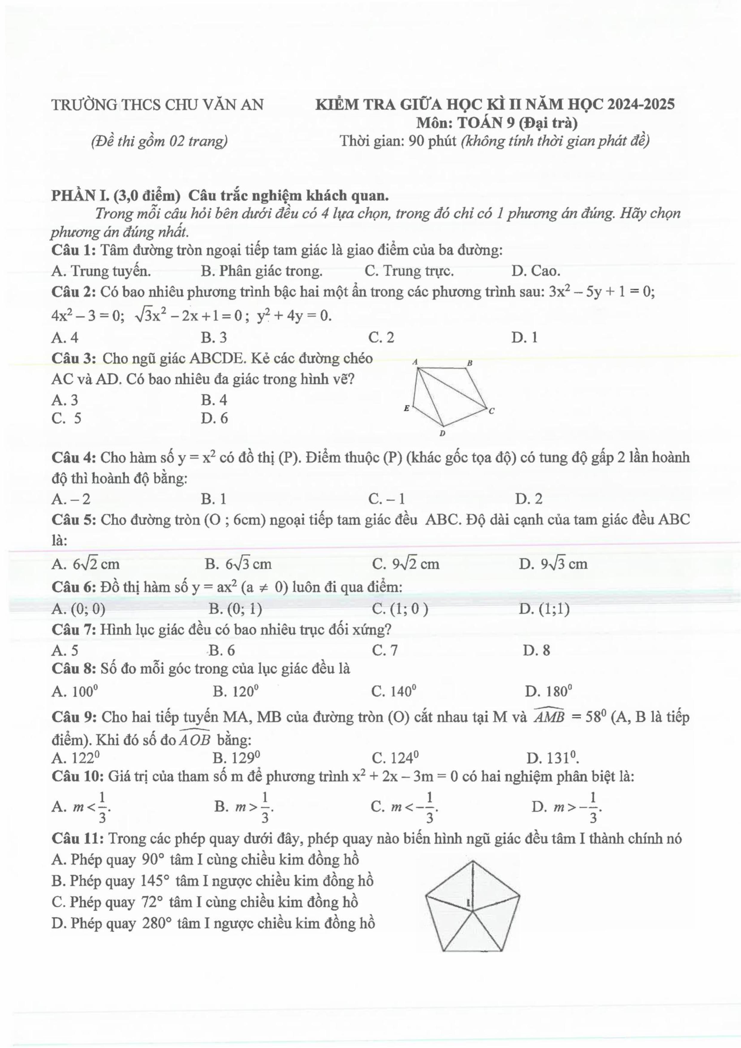 Đề thi Giữa kì 2 Toán 9 trường THCS Chu Văn An (Bình Dương) năm 2024–2025